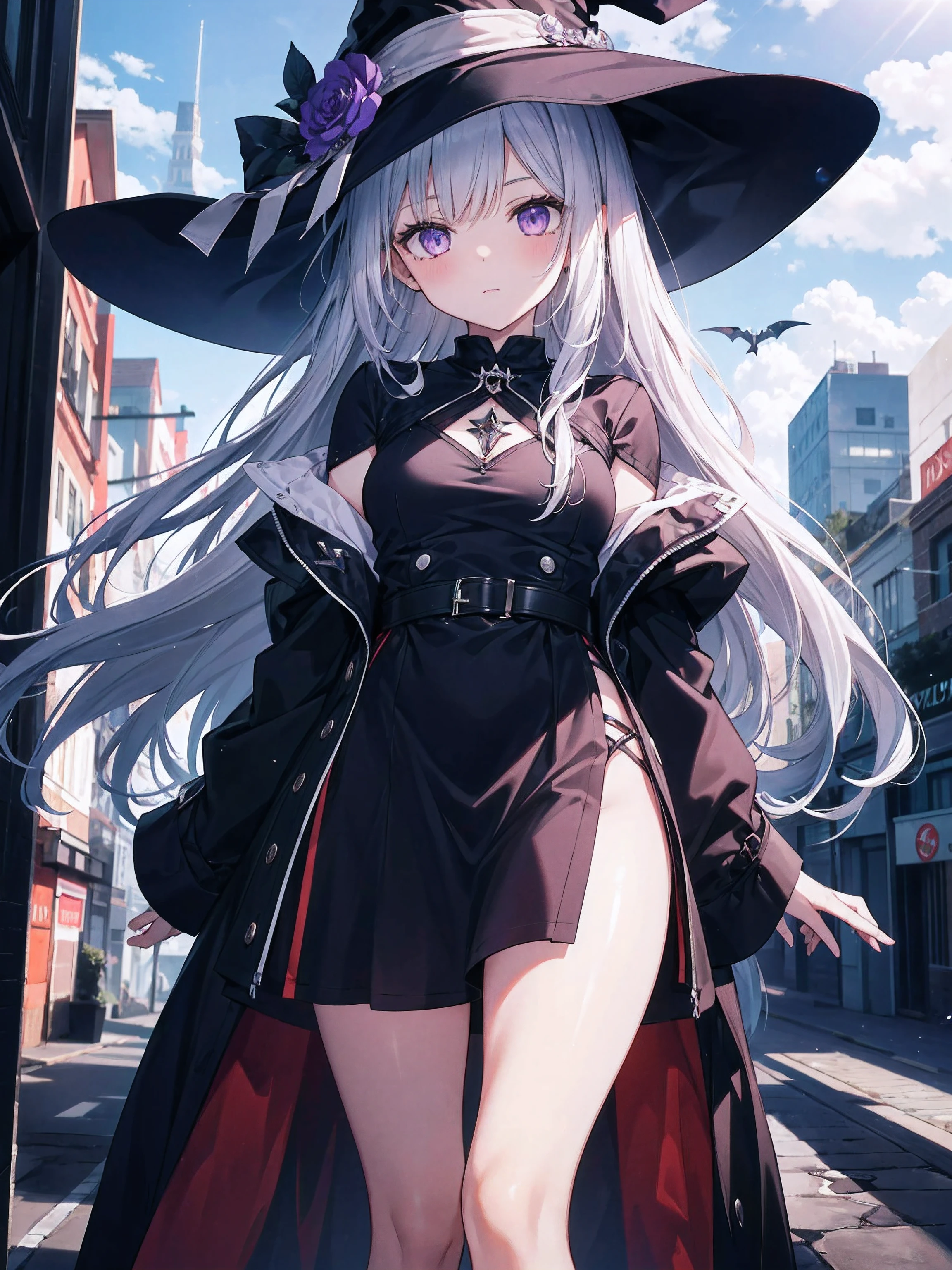 1girl, long silver hair, purple eyes, wearing witch, sky, city, absurdres, high res, ultrasharp, 8K, masterpiece, looking at viewer