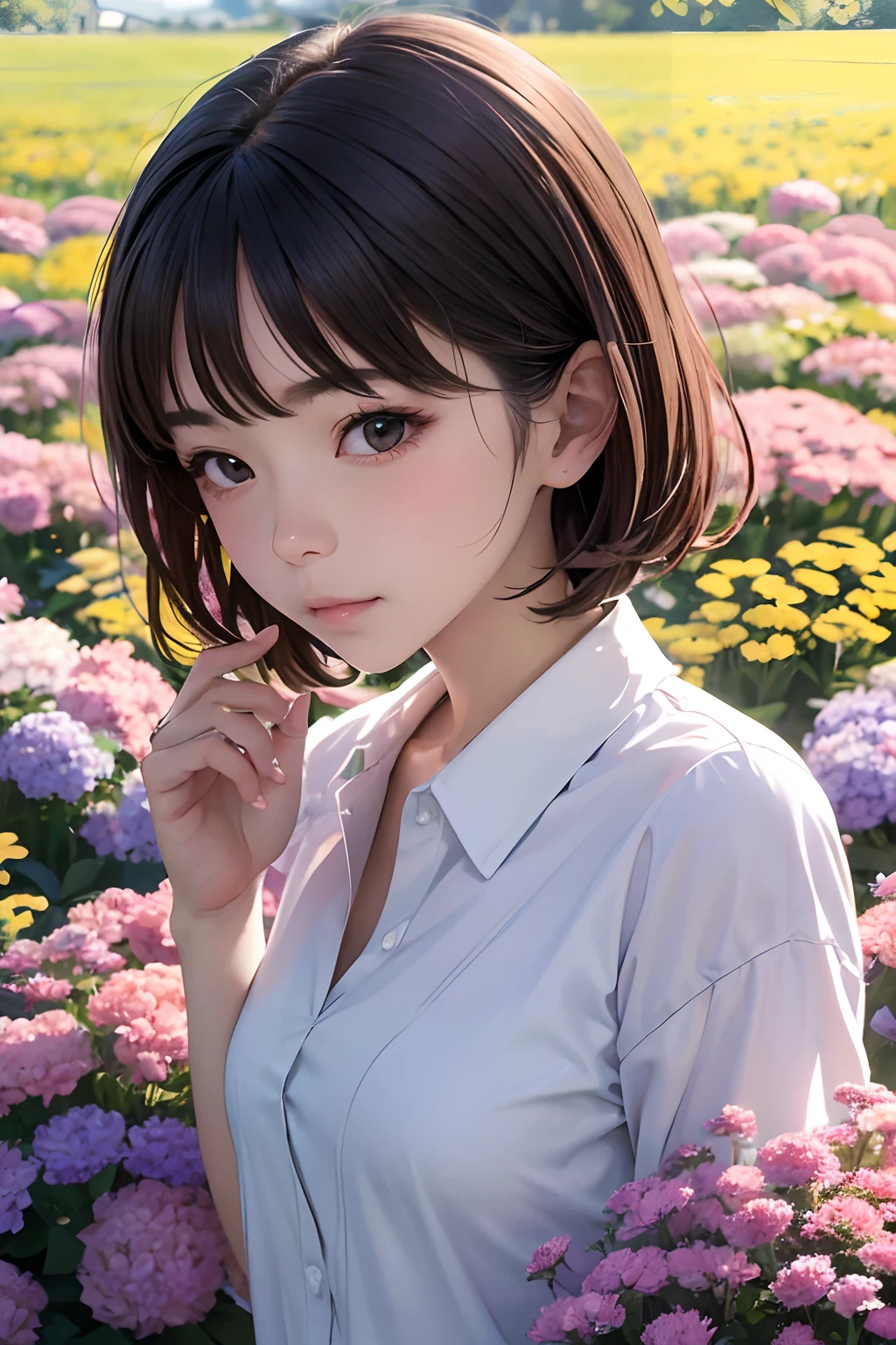 (masutepiece), Best Quality, Ultra-detailed,girl with,White shirt、bionde、small nose、blurry backround:1.5、plein air、flower  field