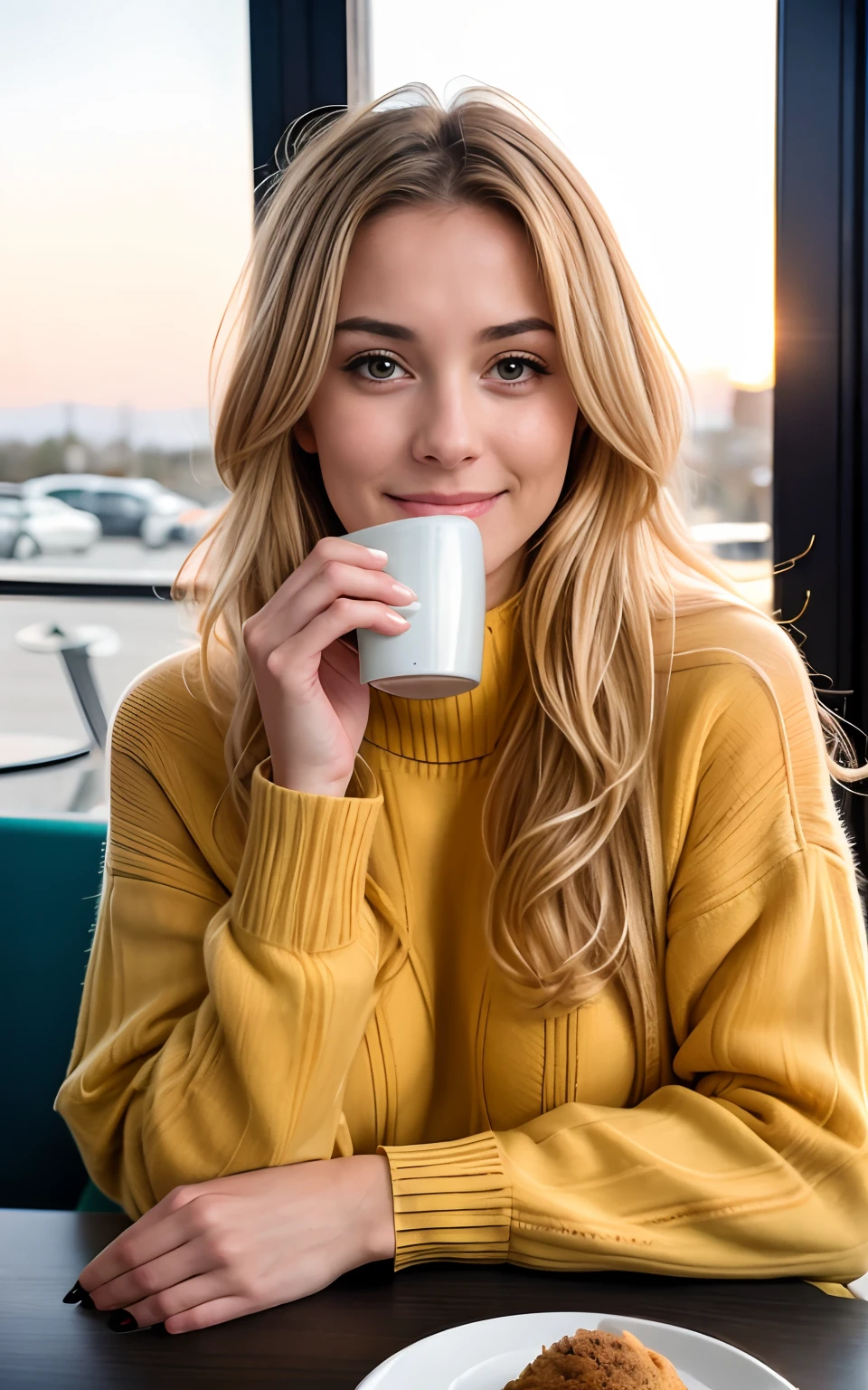Arafed woman sitting at a table with a cup of coffee - SeaArt AI