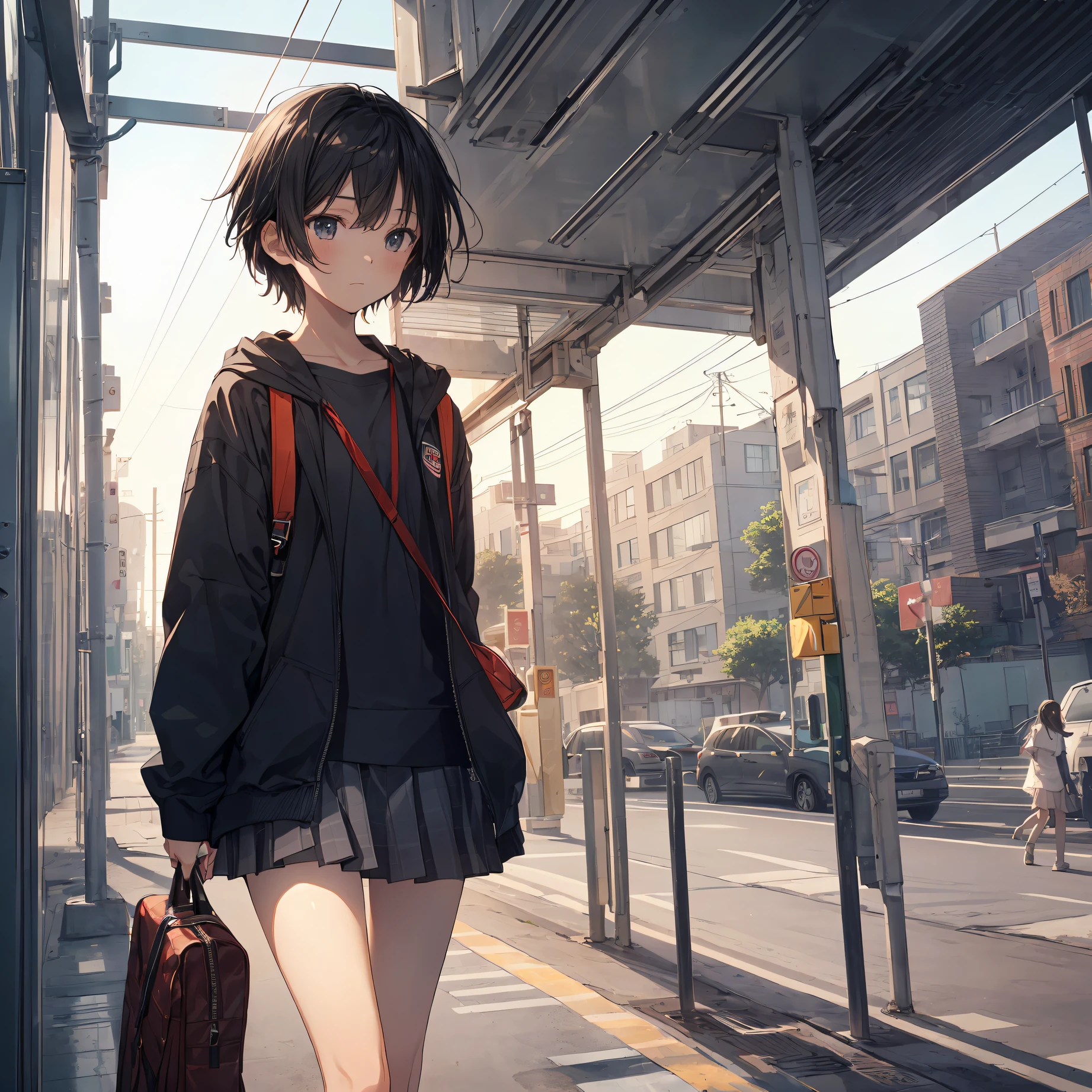 Portrait, Documentary, Photo, A girl is 13-year-old gender-neutral middle school student with short black hair and small chest, walking on the school commute route with a tired expression, Short hair, School uniform, skirt, School commute route, High quality, Realistic, Eye-level shot, Medium shot, side view, Natural lighting, School commute,break,1girl, (Solo,Loli face,13-year-old:1.5),a junior high school student, androgynous charm, (Very Short hair), flat chest, Small butt, Beautiful detailed black eyes, disgusted eye,break,((top quality,shinkai makoto style,ultra-detailed,high resolution,extremely detailed CG,unity 8k wallpaper,by famous artist,perfect anatomy,super detailed skin,cinematic lighting)),