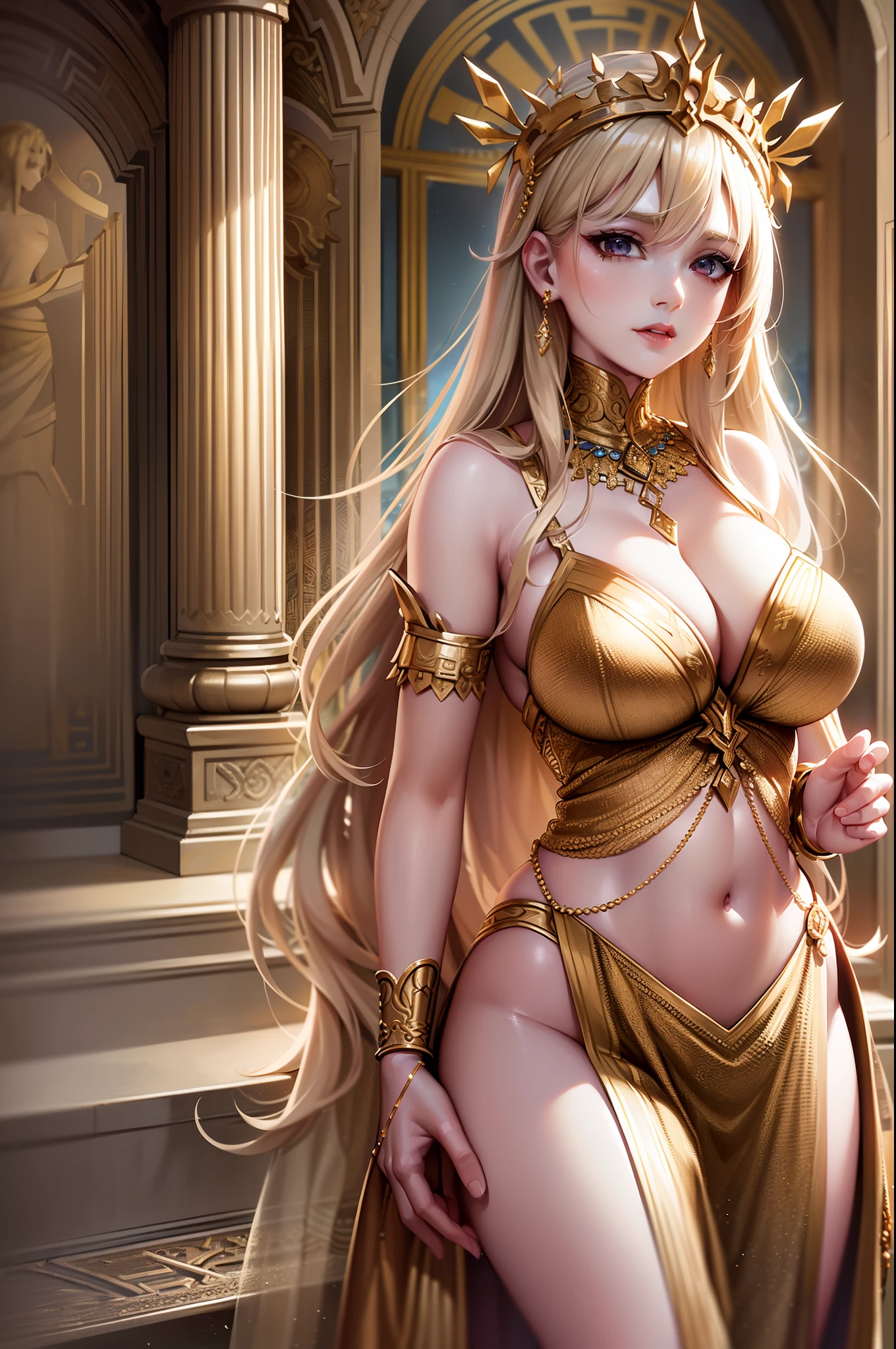 (Highly detailed CG Unity 8k wallpaper, masterpiece, top quality), (sexy woman, natural and seductive posture, long straight blonde hair, cleavage, sheer robes, ancient Greek costume, goddess), (temple altar), one woman, detailed depiction, standing figure, side, pretty face, (see through)