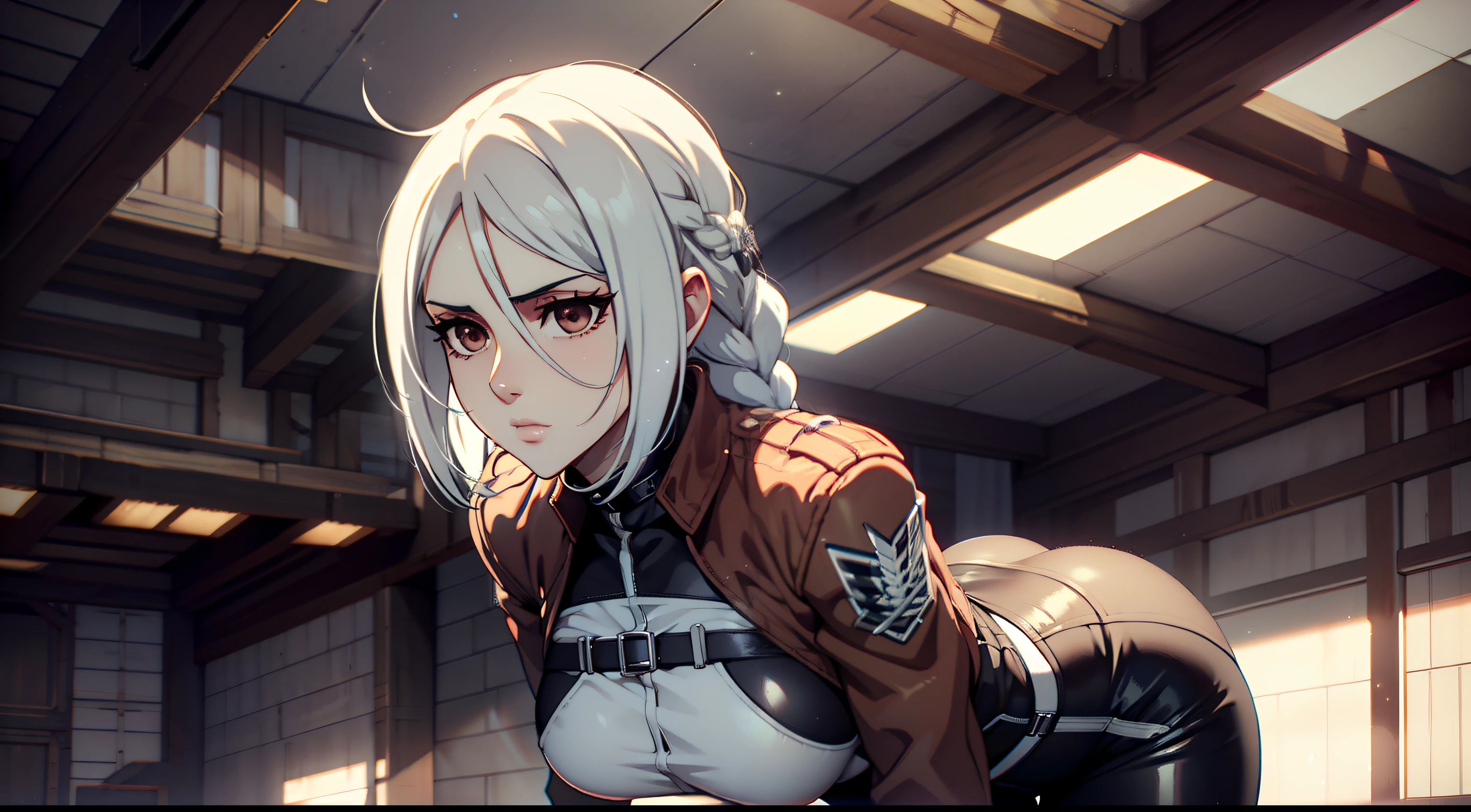 photo portrait, in full height (Body Full 1.1.), Beautiful figure, Lucy from the anime series Cyberpunk Edge Runner, a 1girl, facing the viewer, Beautiful figure (Proper Anatopy 1.1.), in full height (Body Full 1.1), Slim, Slender figure, Slender figure, shapely legs, leather pants, Anime style, white colored hair, white colored hair, that disappear at the ends, Bob hairstyle, short white jacket, tight black suit, Cutouts on the shoulders, Cutouts on the chest, Skinny black leather pants, Very detailed face, Very beautiful face, Very sexy ass, in full height (Body Full 1.1), Tall android girl, small elastic breasts, Little ass, Glitter Head Mask, Hair is gathered in a braid, Beautiful slim figure, small buttocks, A braid around the head, Round braid, Red Star in the Forehead, Short Brown Jacket, black tight suit, darkly,gris & Dark Style:1.1), Light, femininity,tmasterpiece,beste-Qualit,higly detailed,Visible to the feet, 8K resolution, High Sharp, 8K resolution, higly detailed, 8K UHD, Professional lighting, Photon mapping,physical based rendering, a perfect face, detailed face and body, ray traced, expressive look, Cinmatic Lighting,elastic small breasts, Heightened sexuality,
