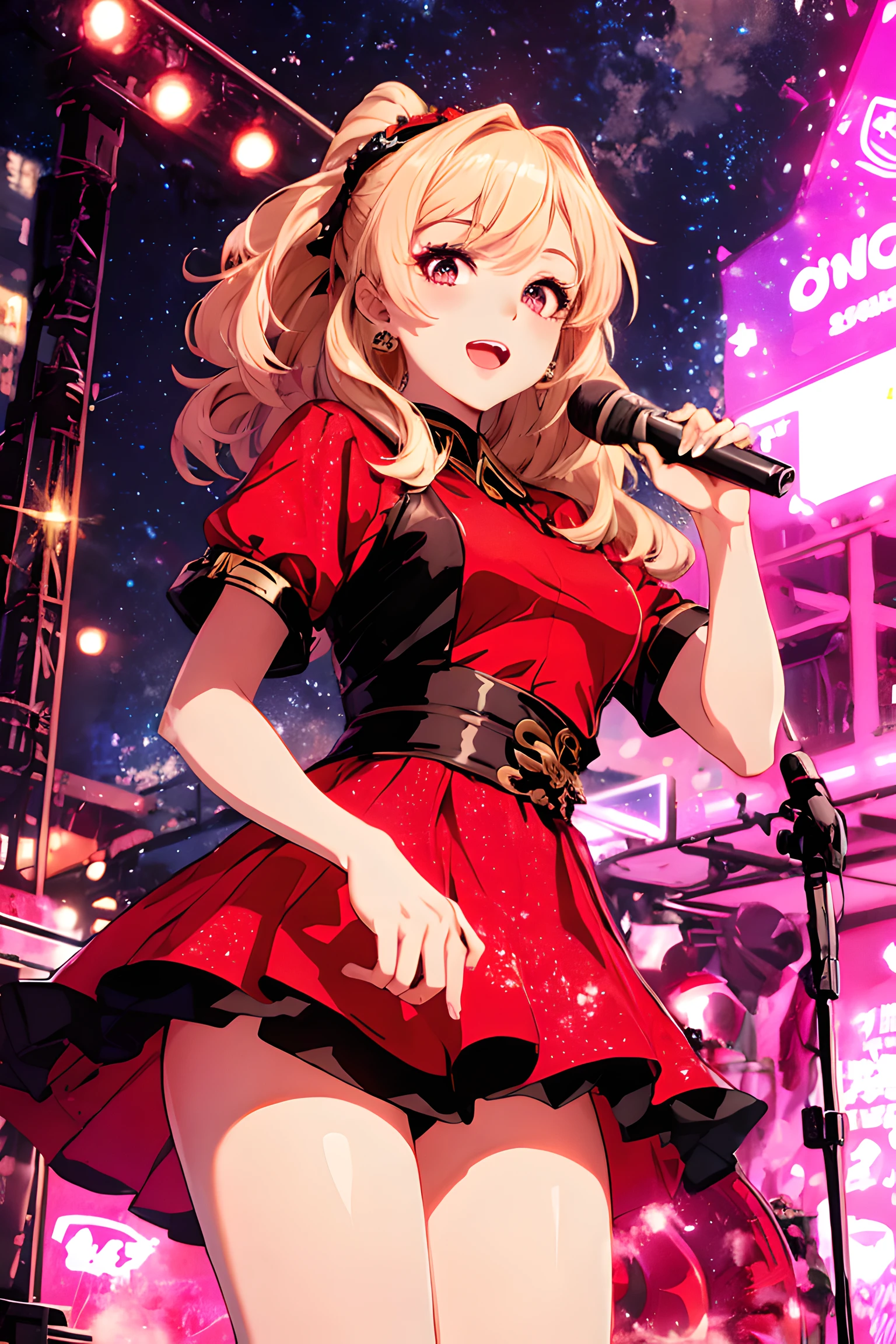 A extremely pretty and beautiful K-pop female diva, singing at live stage on gondola,
BREAK,
Close-up of face, singing scene, dress scene, looking the viewer,
BREAK,
Represent diva in bright colors, Represent diva dress in colorful colors, Represent diva's singing voice in warm colors