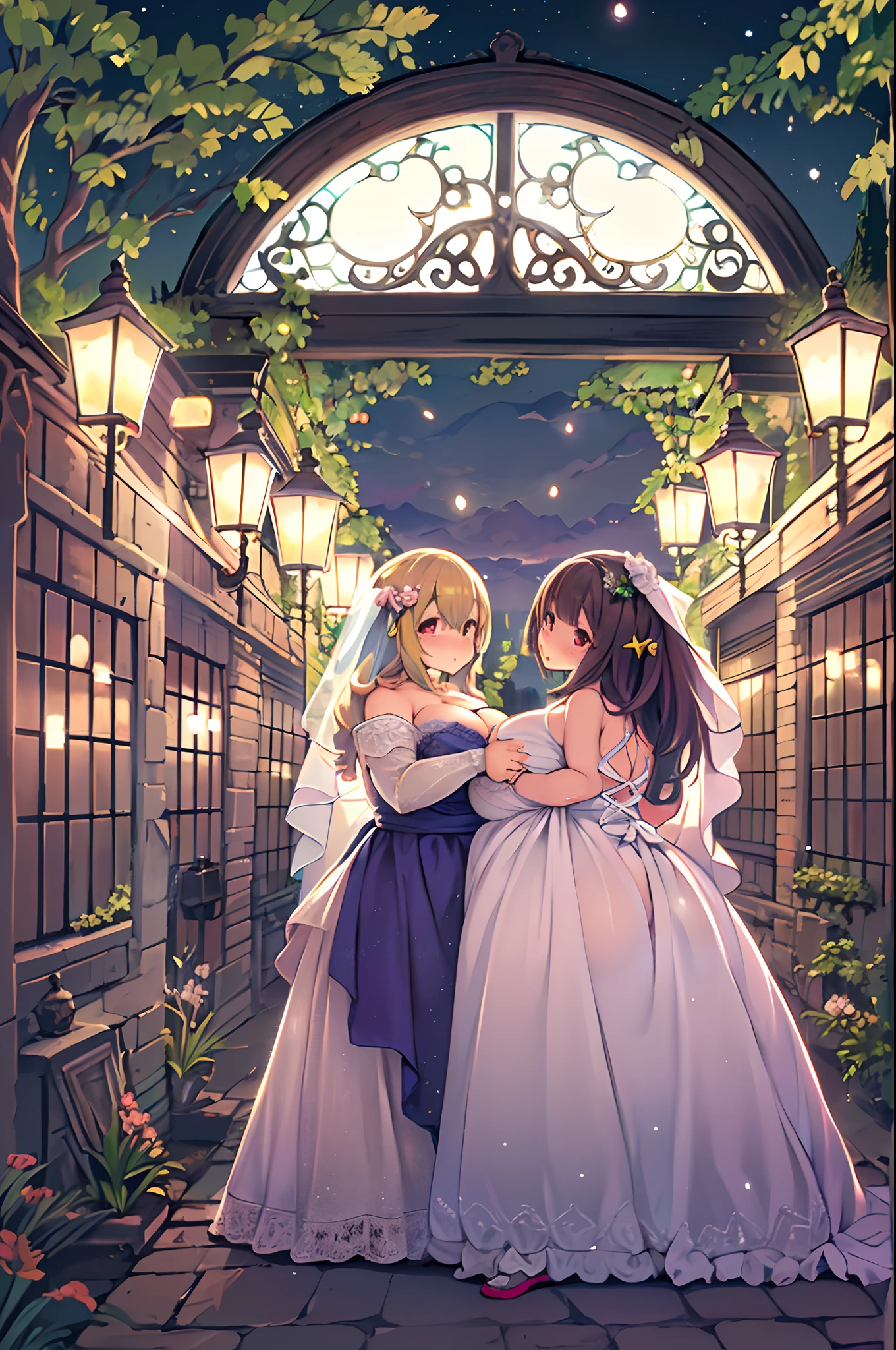 (Best Quality, High Definition, masutepiece:1.2,), Illustration, Night, 2girls, Full body, (wedding dress), arm behind back, Waiting for a kiss, Looking at Viewer, Happy, blush,lesbian、Girls to girls、huge-breasted、bbw
