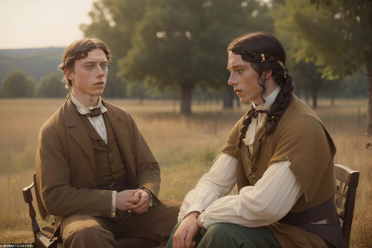 year: 1865. Location: Tama, Iowa. Pre-Raphaelite (((22-year-old George MacKay))), with a native american man, reencounter, happy, ((((Clothing from the 1860s)))) ((Hairstyle of the 1860s)), ((("OMITB" cinematography)))