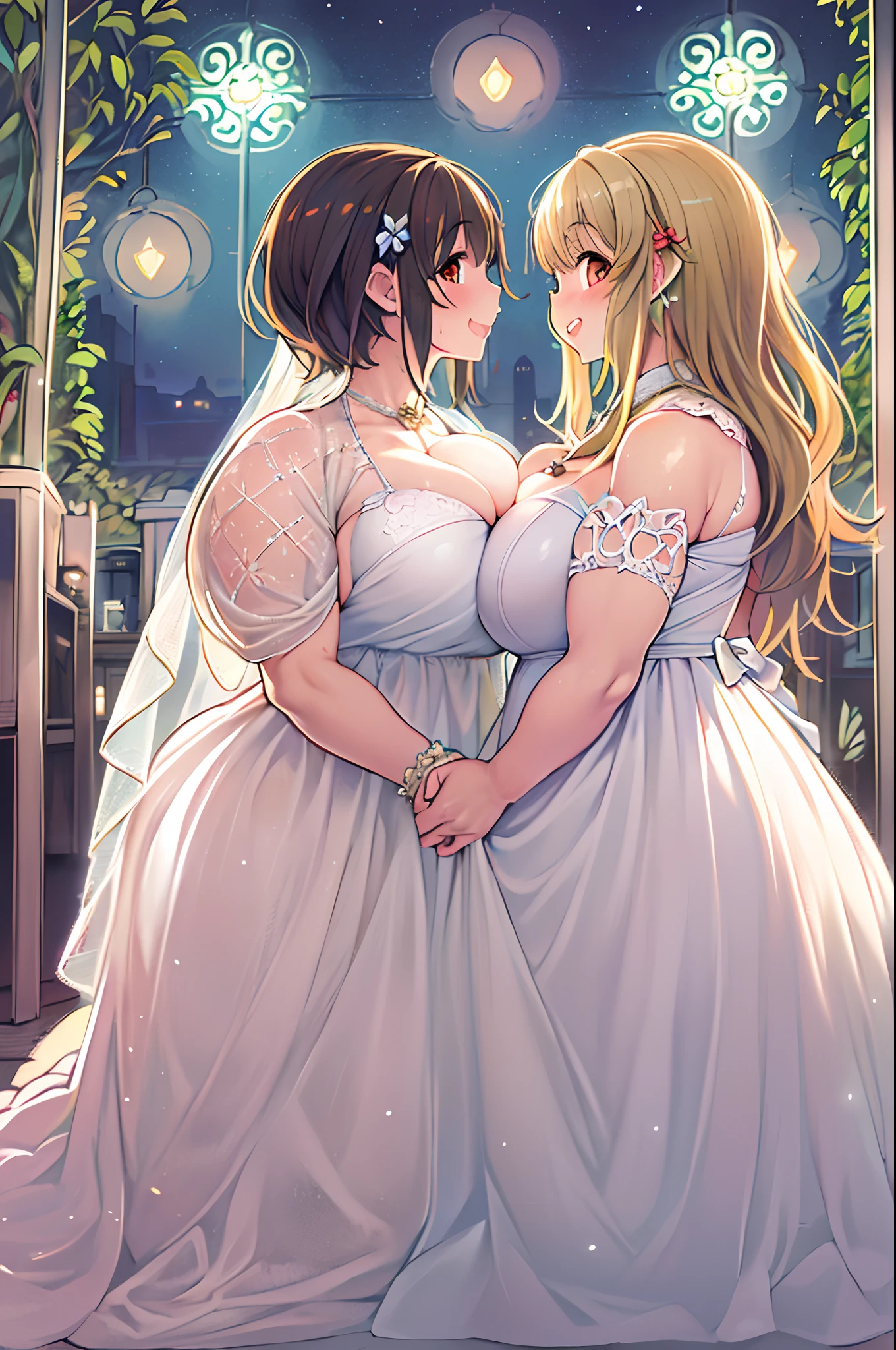 (Best Quality, High Definition, masutepiece:1.2,), Illustration, Night, 2girls, Full body, (wedding dress), arm behind back, Waiting for a kiss, Looking at Viewer, Happy, blush,lesbian、Girls to girls、huge-breasted、bbw