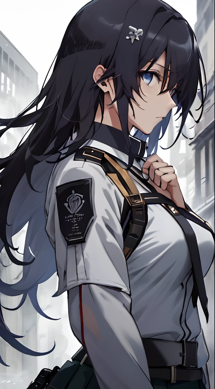 Aiming with a pistol、White one-piece military uniform、 Jet black head of hair,(masutepiece:1.2, Best Quality), (finely detailed beautiful eye: 1.2), (Detailed background,Dark Fantasy), (beautifull detailed face), High contrast, (Best Illumination, extremely delicate and beautiful), ((Cinematic Light)), Colorful, Hyper Detail, Dramatic light, Intricate details,Very blue eyes, Shining eyes, long hair flowing with the wind、large full breasts、Belt under the chest、White military uniform, White skirt, large full breasts, Long hair fluttering in the wind, jet-black hair, Blue eyes, Black tie, Belt under the chest, gotik、pistols、pistol、girls' frontline、Glock 17、