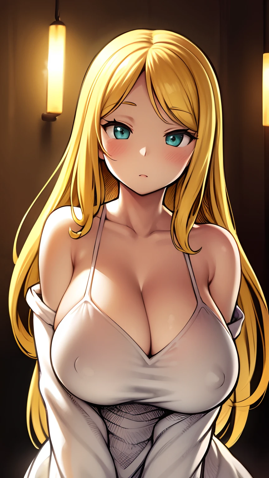 Line art, Hand-drawn, A cute girl posing, big eyes, long hair, big breasts, cleavage, tight boobs, yellow hair,