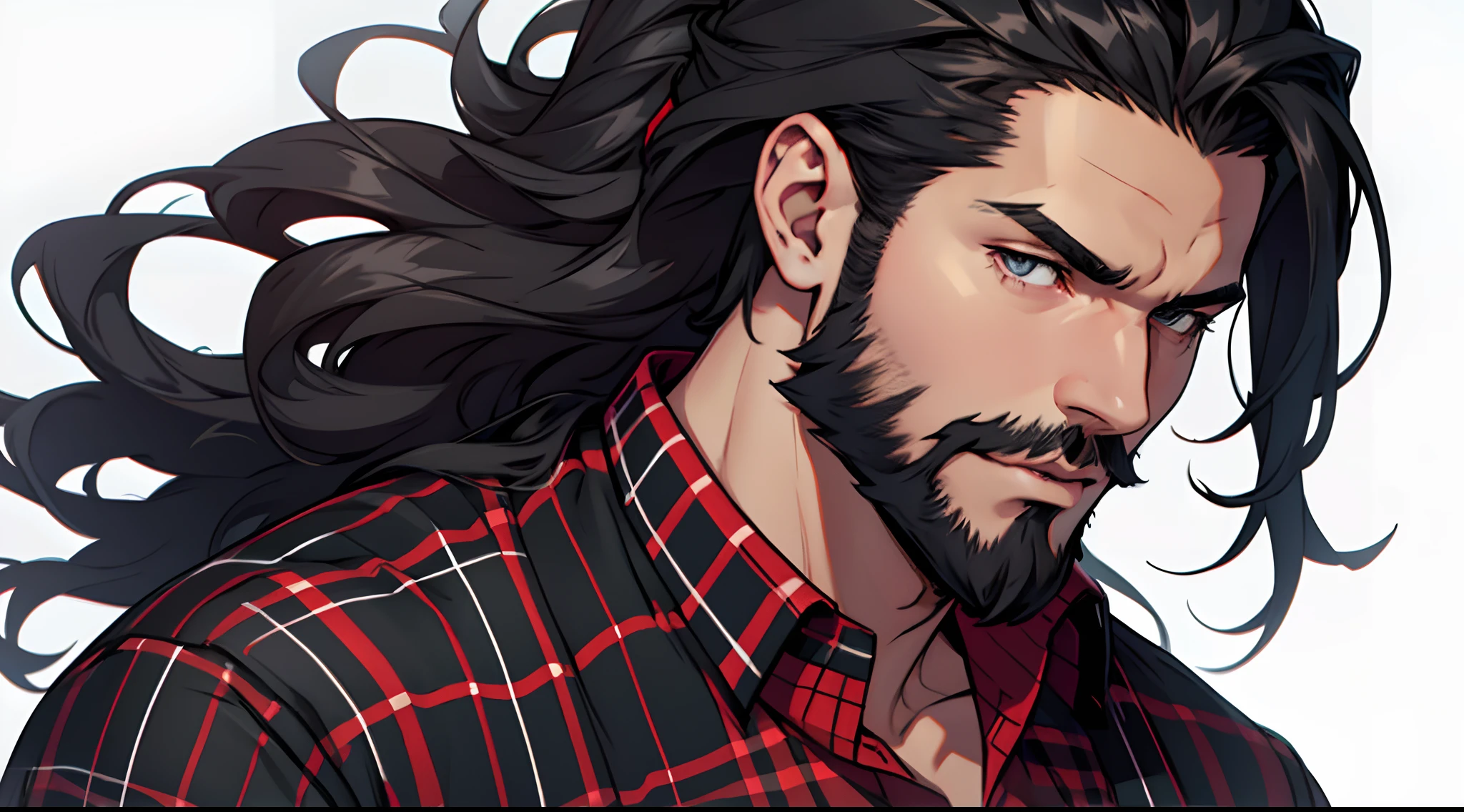 1 Man solo, he has a short black beard and he has long black flowing hair. he is Wearing red plaid shirt. white background