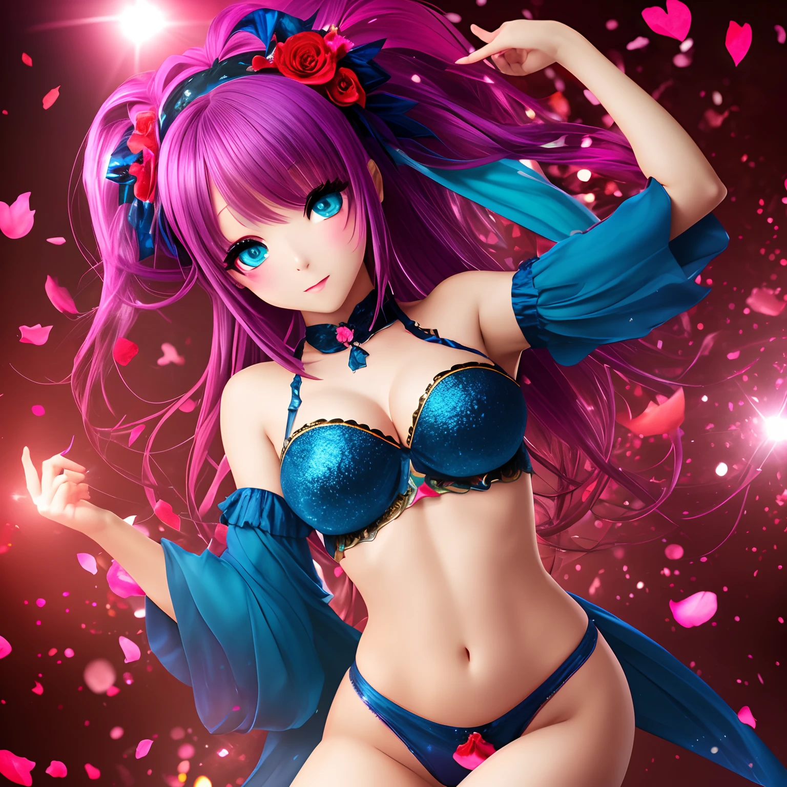 finest image, (8k, RAW photo, realistic), amorous expression, lewd expression, pink eyeshadow, cute girl, blue shining big eyes, heavy makeup, dark green hime cut, flat chest, abs, slender, red big thick lips, belly-dance costume, blurry background black, falling red petals, iridescent golden particles