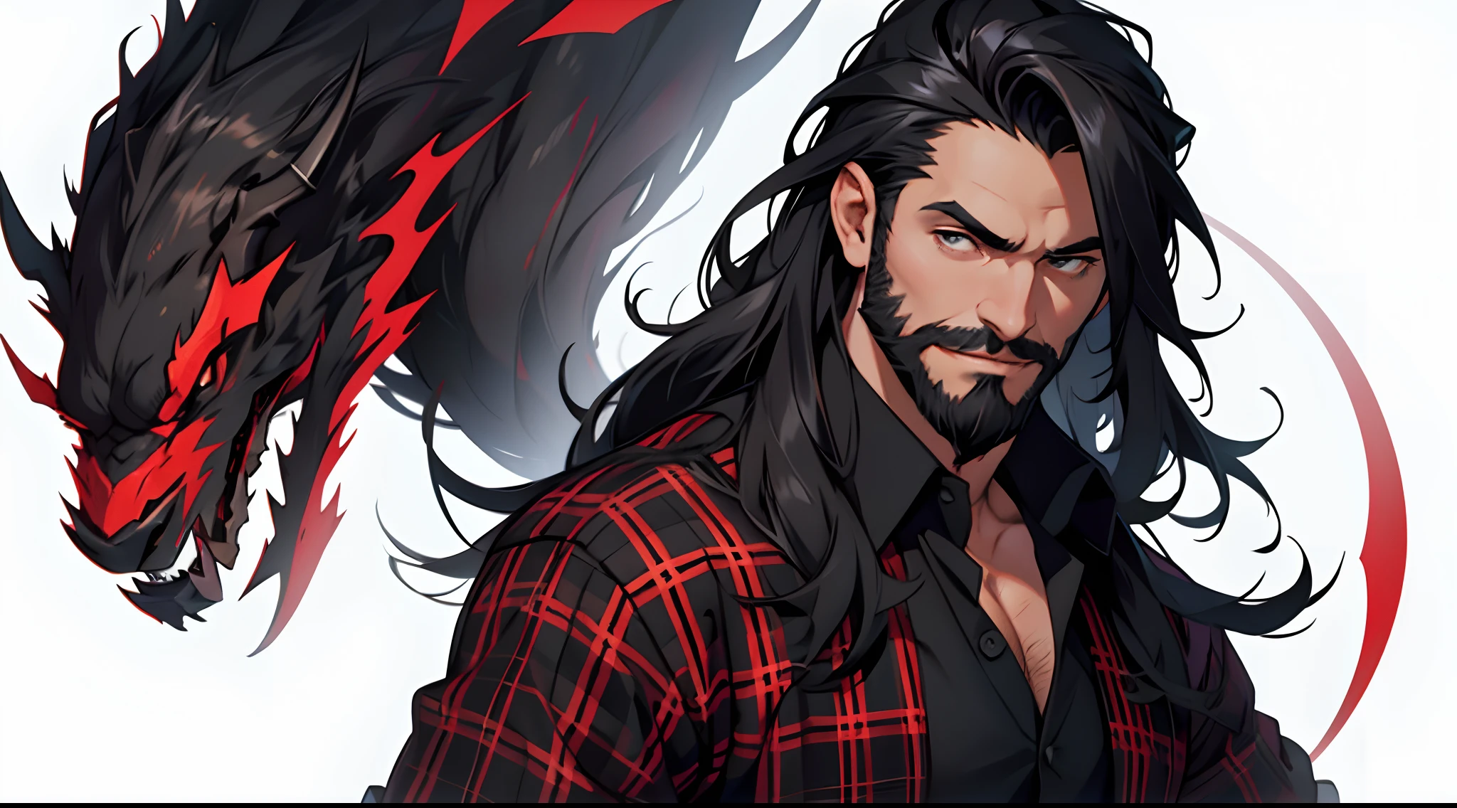1 Man solo, he has a short black beard and he has long black flowing hair. he is Wearing red plaid shirt. white background