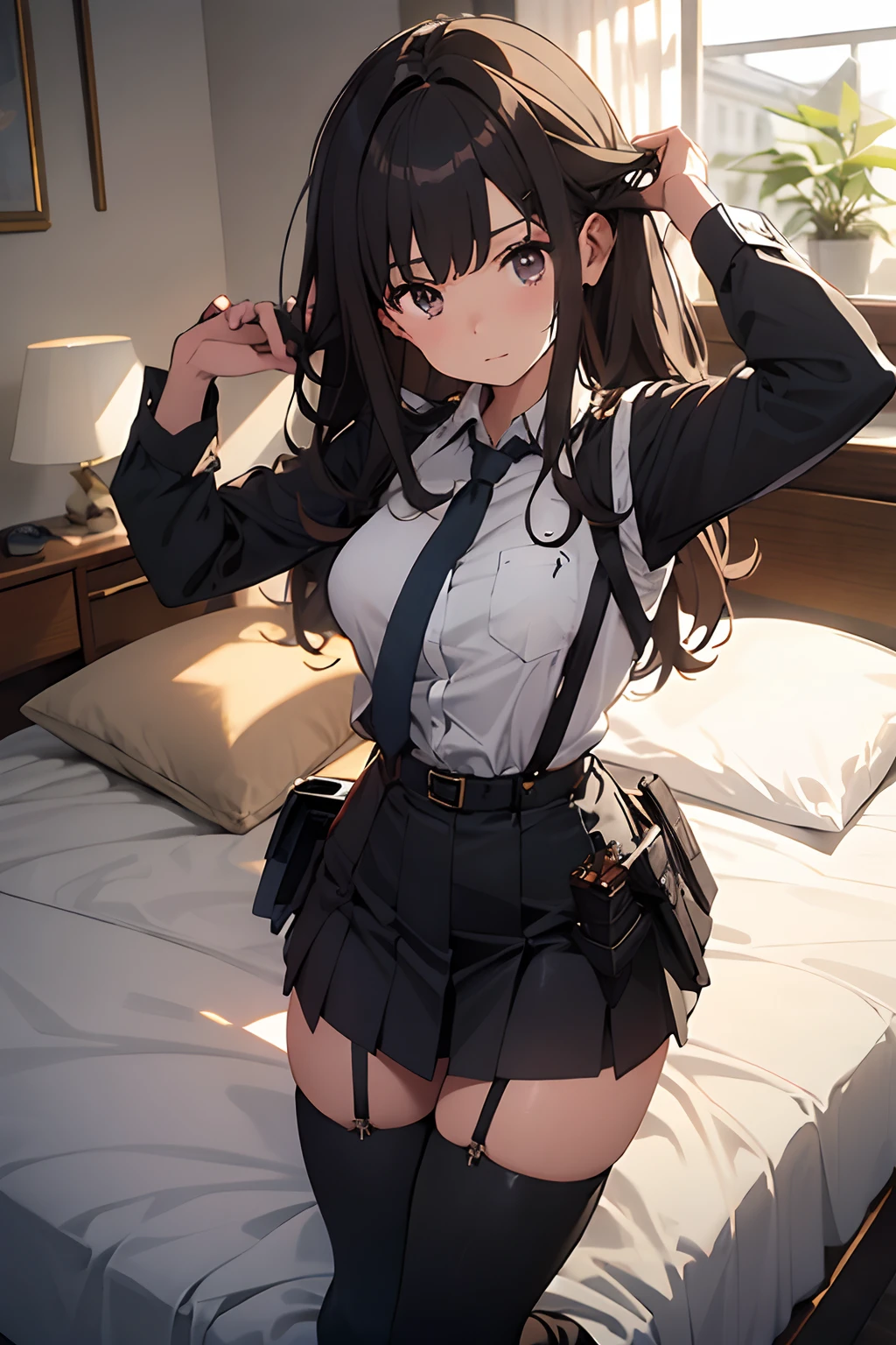 ​masterpiece、flat-colors、depth of fields、lens flare 1 girl、、Brown hair、watching at viewers　　　black suspenders　　　Bulging big breasts　　　 　 　　　walls: 　Black miniskirt　garters　　　　　　Gaze　　　Small face　bangss 　　　holster　　Belt Armament　Beautuful Women　srestrained　hands up　Lying in bed　Sleep in a leg holster bed　Pants in the gap　２０hindquarters　suits