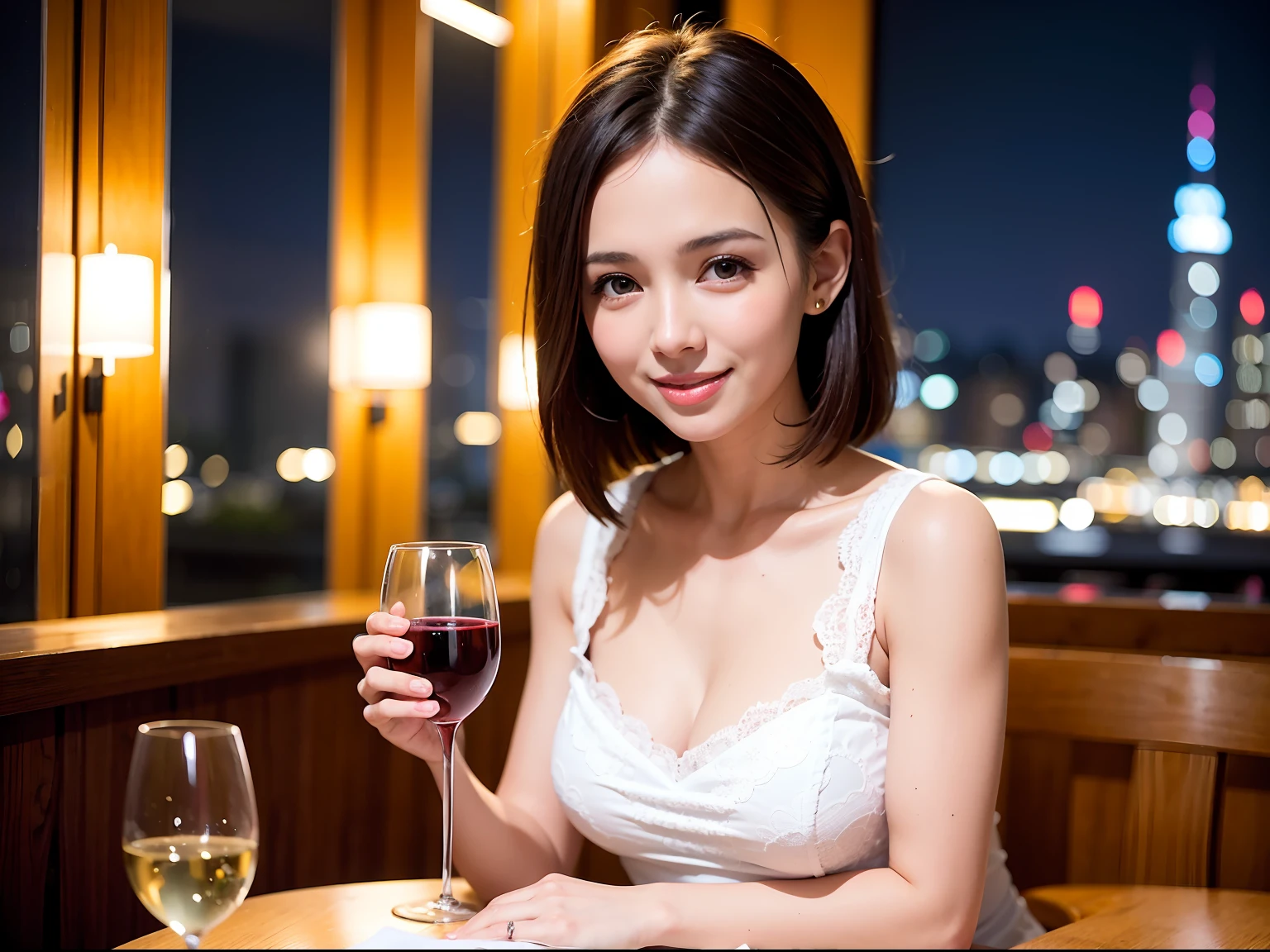 (64K, UHD, top quality, masterpiece: 1.2), (realistic, photorealistic: 1.37), super detailed, pretty woman 1 person, (slim face), (slim body), (brown hair), (short cut), cheeks slightly blushing, (44 years old), 38 years old, solo, beautiful detailed urban night view outside the window, restaurant, wine glasses sit, at night, in a prominent placeNovaFrogStyle, Actress, Model, Waist Up, White Wine, Slim, Wine Glass, Super Clean Night View, Wine Glass Put in the Middle, Happy Smile, (Smile: 1.15), Beautiful Fine Eyes, Upper Body, Bust Japan Up, Night, Short, Short, Actress, Model, Waist Up, White Wine, Slim, Wine Glass, Super Clean Night View, Wine Glass Put in the Middle, Happy Smile,