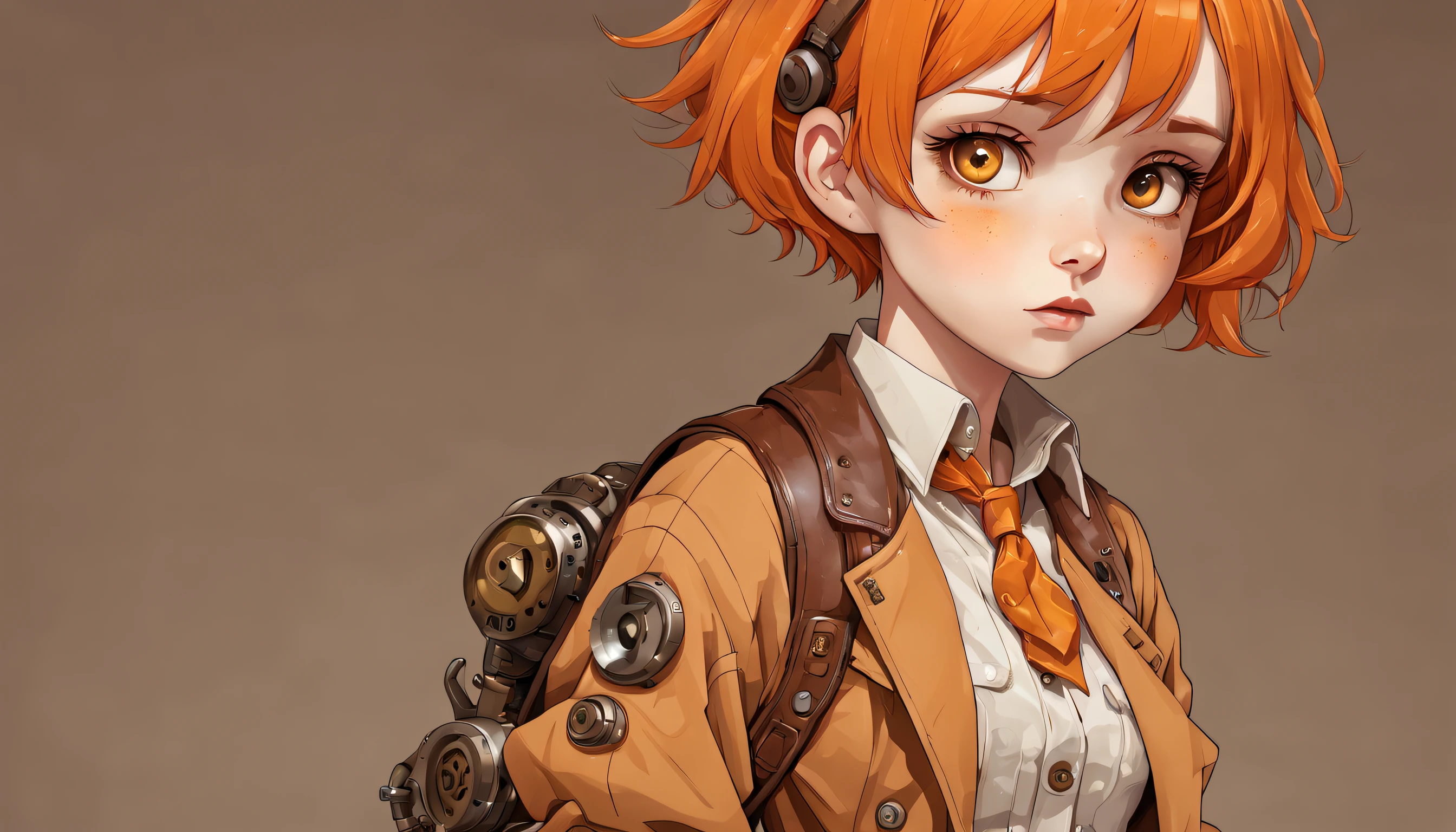1GIRL, cute girl, finely detailed, (best quality), (intricate details), cute style, , steampunk style, clockwork style, multicolored, ((short orange hair)), best quality, ((button up shirt and shorts)), ((oversized brown jacket)), ((brown clothes)), ((chunky boots)), ((round eyes)), robotic arm, beautiful face, cute face, pinup, perfect face, simple background portrait