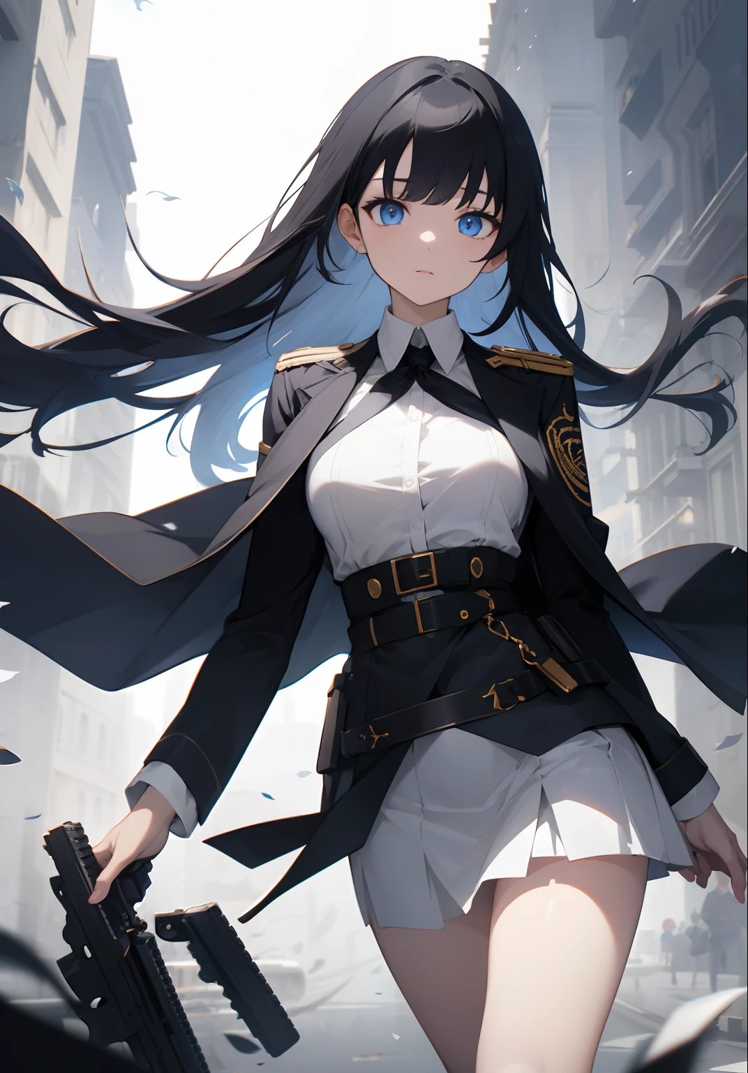 (), (Anime,8K,masutepiece, of the highest quality, Best Quality,Beautiful and aesthetic:1.2,professional illustrasion:1.1,Ultra Detail:1.3,Perfect litthing), Extremely detailed, highest details, unbelievable Ridiculous, hight resolution, ultra-detailliert, Convoluted:1.6, (girl), noble, (very detailed beautiful face and eyes), pale skin, perfectbody, thighs thighs thighs thighs, Large breasts, Big Areola, Long hair, Straight hair, Cute, Aiming with a pistol、White one-piece military uniform、 Jet black head of hair,(masutepiece:1.2, Best Quality), (finely detailed beautiful eye: 1.2), (Detailed background,Dark Fantasy), (beautifull detailed face), High contrast, (Best Illumination, extremely delicate and beautiful), ((Cinematic Light)), Colorful, Hyper Detail, Dramatic light, Intricate details,Very blue eyes, Shining eyes, long hair flowing with the wind、large full breasts、Belt under the chest、White military uniform, White skirt, large full breasts, Long hair fluttering in the wind, jet-black hair, Blue eyes, Black tie, Belt under the chest, gotik、pistols、pistol、girls' frontline、Glock 17、Thimble gloves