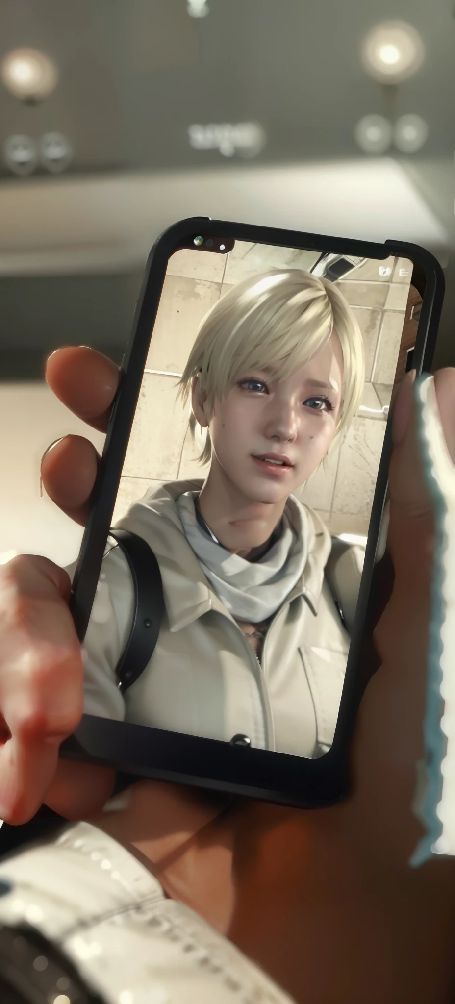 HD, Sherry Birkin, blonde bob hair, white coat, smile, On the cellphone screen, video call
