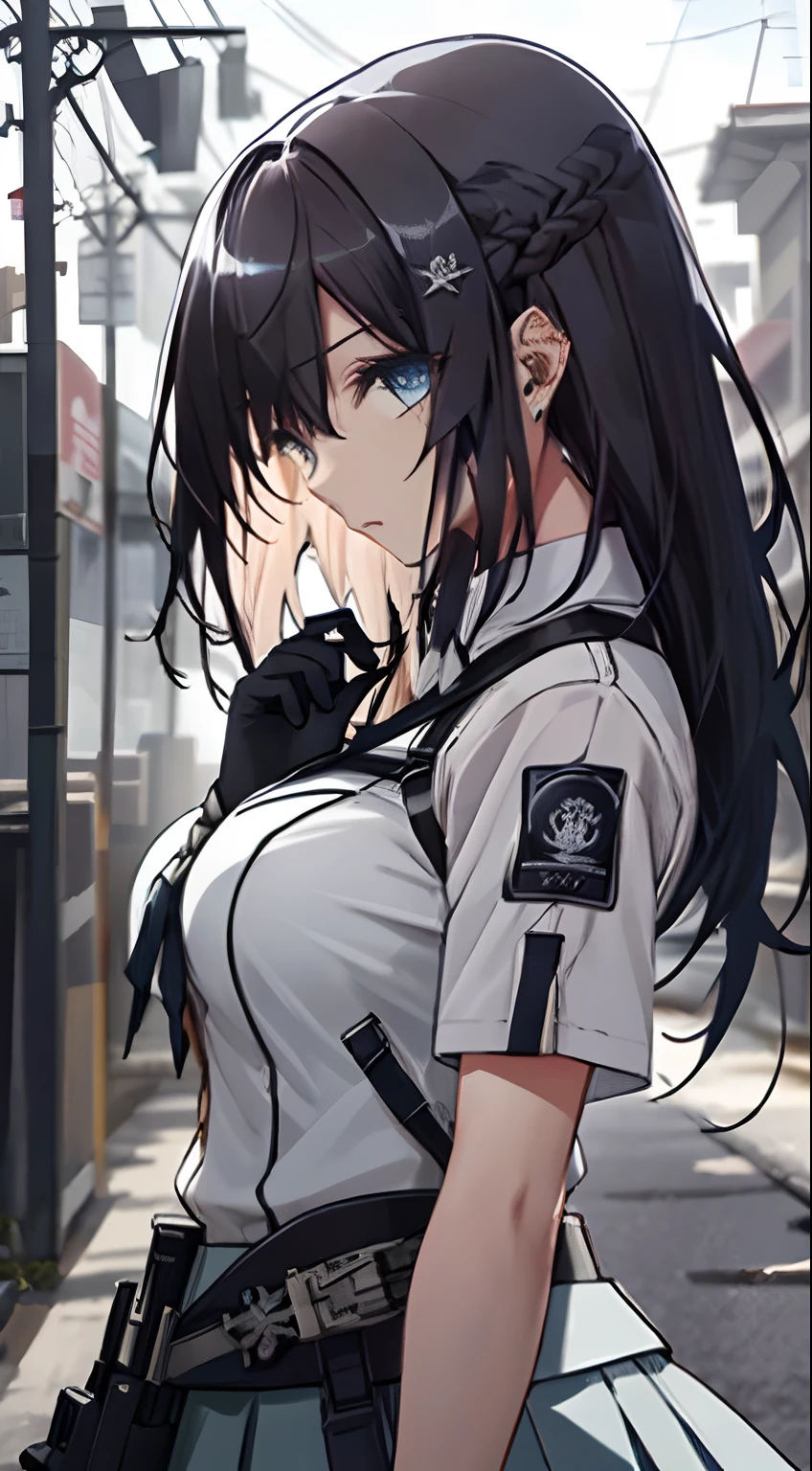 Aiming with a pistol、White one-piece military uniform、 Jet black head of hair,(masutepiece:1.2, Best Quality), (finely detailed beautiful eye: 1.2), (Detailed background,Dark Fantasy), (beautifull detailed face), High contrast, (Best Illumination, extremely delicate and beautiful), ((Cinematic Light)), Colorful, Hyper Detail, Dramatic light, Intricate details,Very blue eyes, Shining eyes, long hair flowing with the wind、large full breasts、Belt under the chest、White military uniform, White skirt, large full breasts, Long hair fluttering in the wind, jet-black hair, Blue eyes, Black tie, Belt under the chest, gotik、pistols、pistol、girls' frontline、Glock 17、Thimble gloves