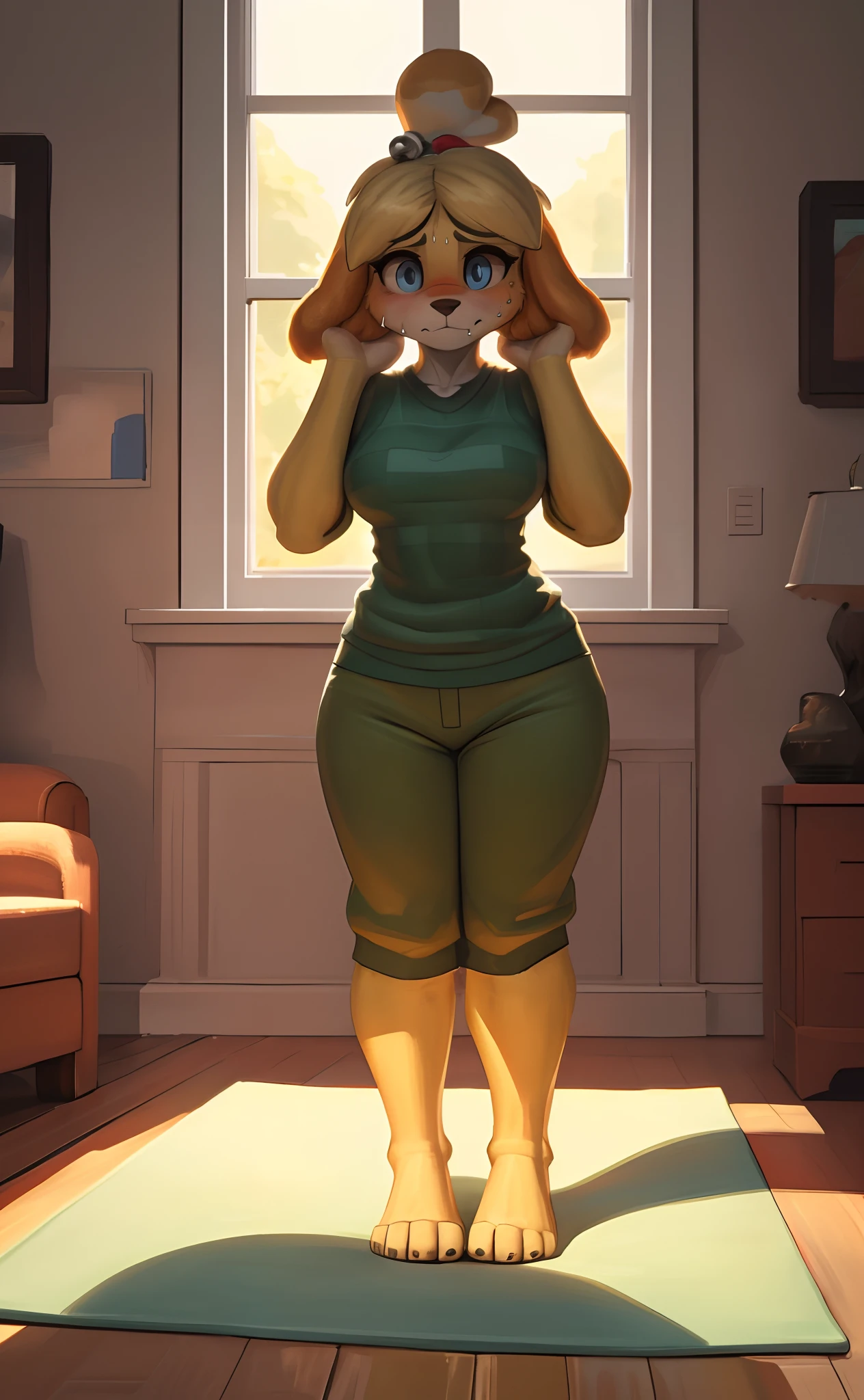 [isaCrossing], [Isabelle; Animal Crossing], [Uploaded to e621.net; (Pixelsketcher), (wamudraws)], ((masterpiece)), ((HD)), ((solo portrait)), ((front view)), ((feet visible)), ((furry; anthro)), ((detailed fur)), ((detailed shading)), ((beautiful render art)), {anthro; (slim figure), yellow fur, black nose, small brown eyebrows, cute surprised blue eyes, cute smile, (blushing), blonde hair, (bells in hair), topknot, fluffy tail, (gorgeous wide hips), (small boobs), (beautiful legs), (beautiful feet), (frown), (nervous smirk)}, {(red ribbon), (green tee shirt), (orange lounge pants)}, {(standing), (on yoga mat), (legs together), (pigeon-toed)}, [background; (living room), (window), (sun rays)]