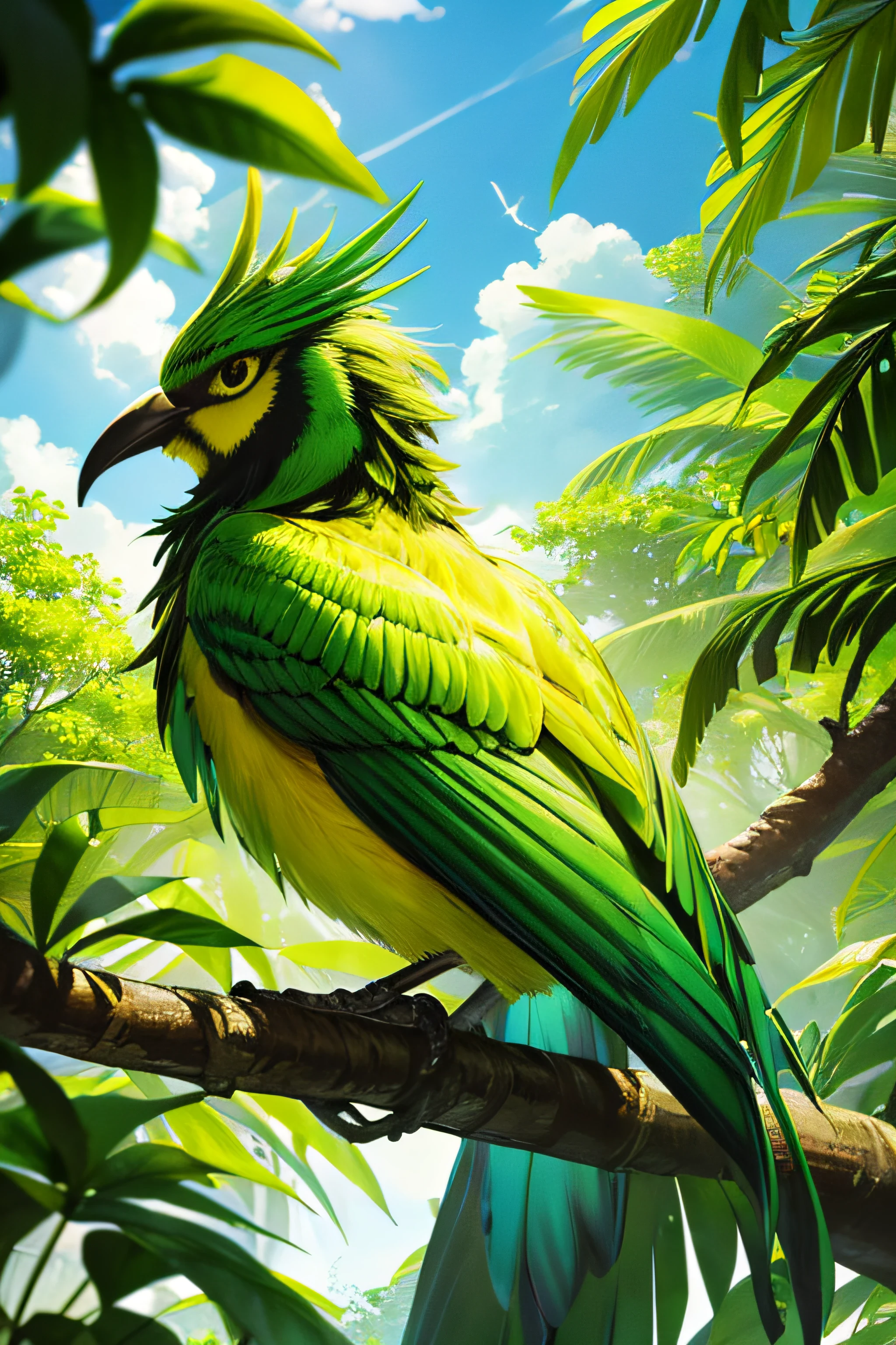 "(best quality,highres),brightly colored,tropical,fantasy,woodland,exotic bird,yellow and green feathers,sleek wings,perched on a branch,lush and vibrant foliage,soft sunlight filtering through the trees"