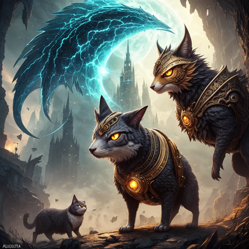 Spawn non-human celestial animals in steampunk and fantasy style. The animal is cute and、Deve ter seda e cetim com penas. Destaque detalhes de fantasia e steampunk. Camera: Make use of interesting and dynamic compositions. Aumentar o interesse visual. The lighting: Use ambient lighting to enhance the fantasy atmosphere. incluem cores fortes e sombras profundas. Contrata, Olhos detalhados, Contrate um olho detalhado, Hiring Details, ornado, detalhes intrincados, 8k, Brilho, unidade, Motor oficial CGI Unreal, high resolution, (((masutepiece))), alta qualidade, alta resolução, aprimoramento de detalhes