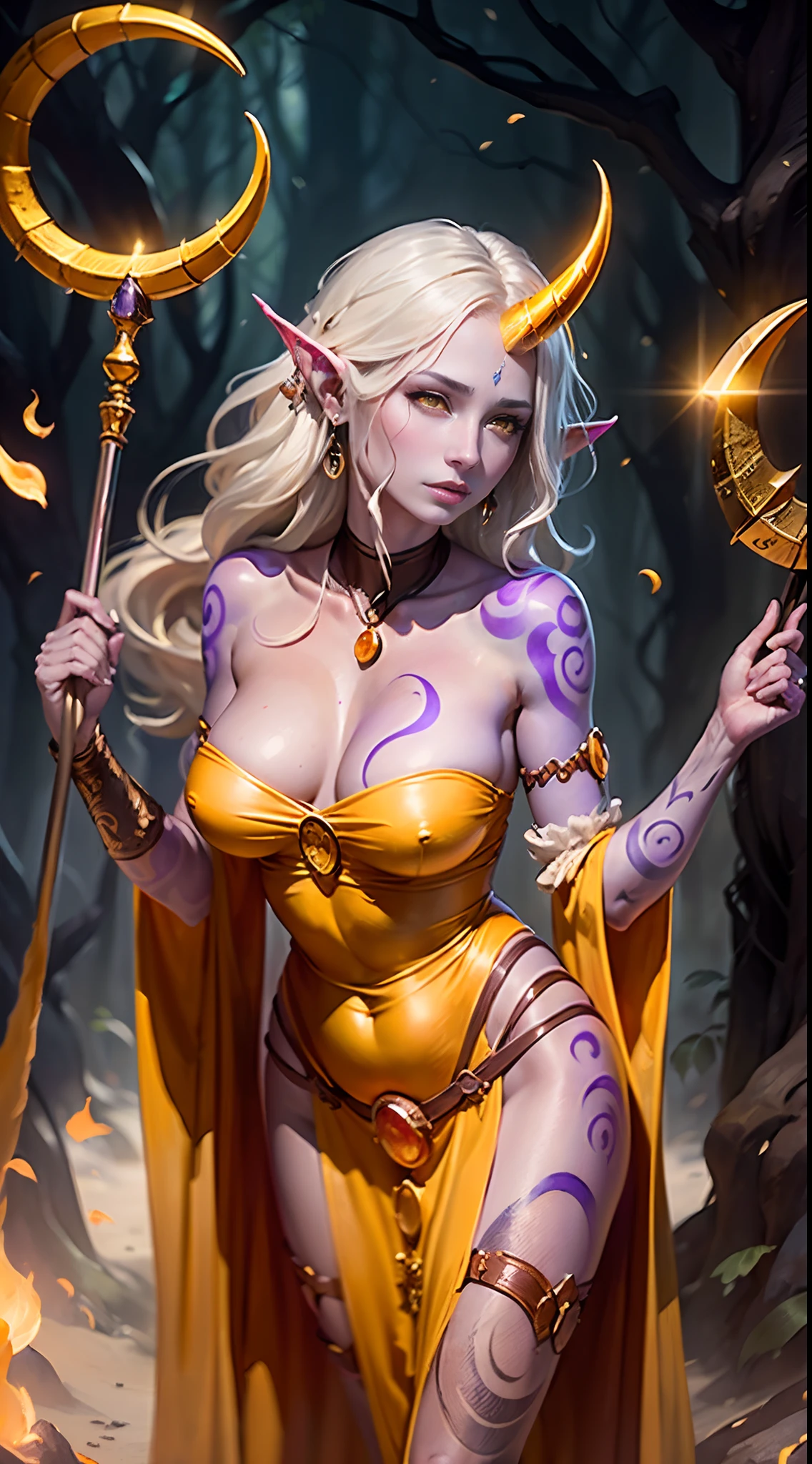 (masterpiece, ultra quality, high resolution, 8k, intricate: 1.2). female celestial elf, ((with only one large horn), (the horn is in the center of her forhead)), looking up, extreamely (beautiful face features,yellow eyes:1.4) ((holds in one hand a large magical staff that ends with a large crescent moon)), her staff is made of silver and copper with fine golden decorations, flowing white and fair yellow transparent cloths, healer mage, anatomic, (fair purple skin, triabal tattoo:1.4), beautiful golden crescent moon earringswith sapphires, the silent forested, mysterious, fantasy art, Donato Giancola, craig mullins, parth, masterful strokes legendary