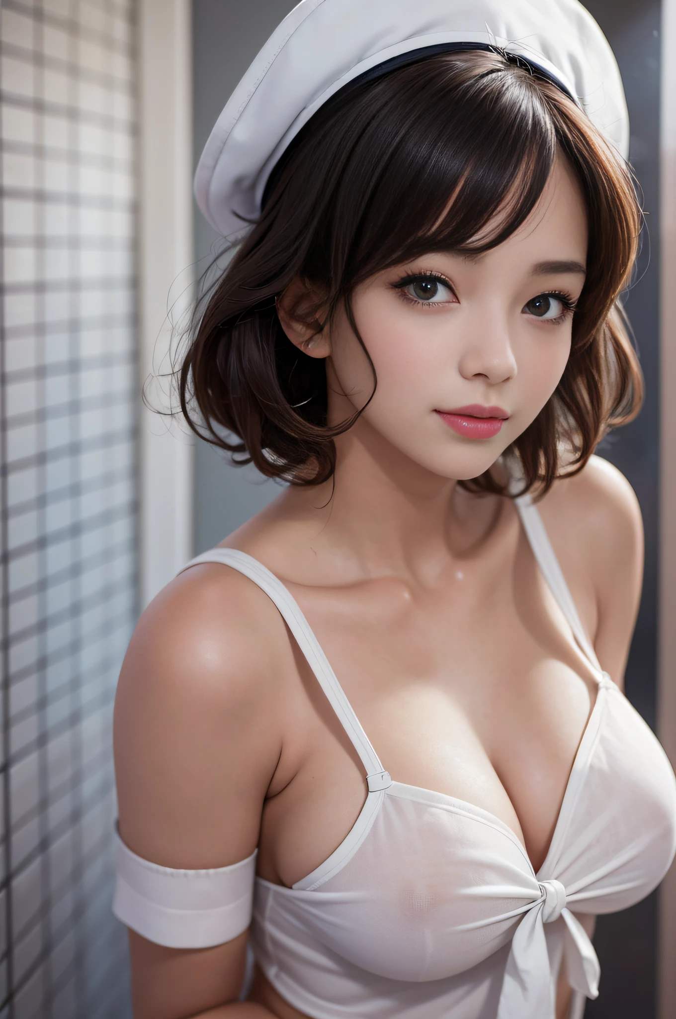 (sailor suit), erotic atmosphere, (Bathroom), attractive pose, cleavage, Masterpiece, Best Quality, High Resolution, shiny skin, cute girl, realistic, bob, (nsfw), (portrait), seductive smile, ((from side))