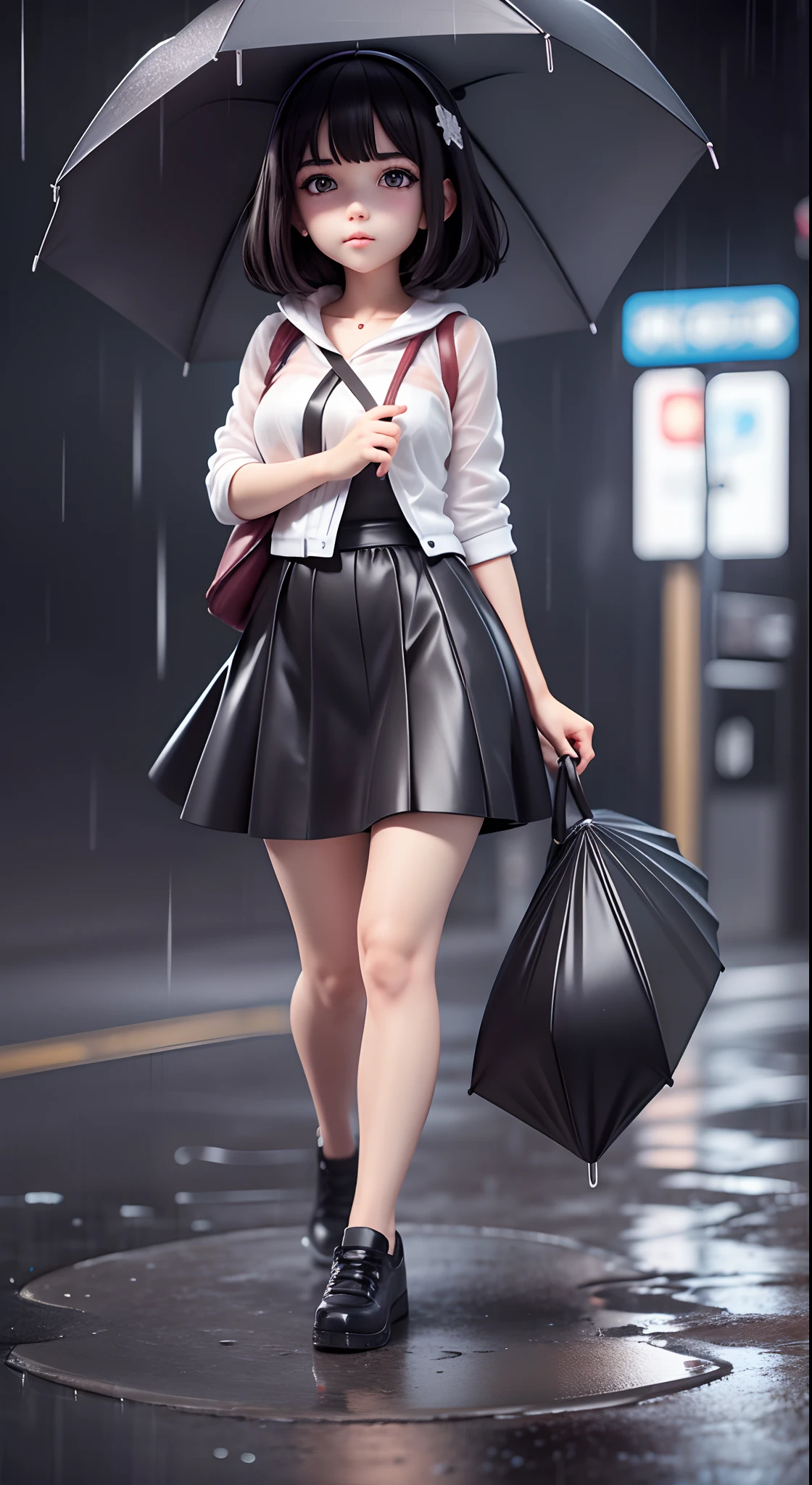 Full body like，teens girl，umbrella, (((heavy rain))), dark hair, short hair, detailed eyes, angelic，black background, blindbox，pop mart，the detail，masterpiece，ultra clear, 16k, UHD