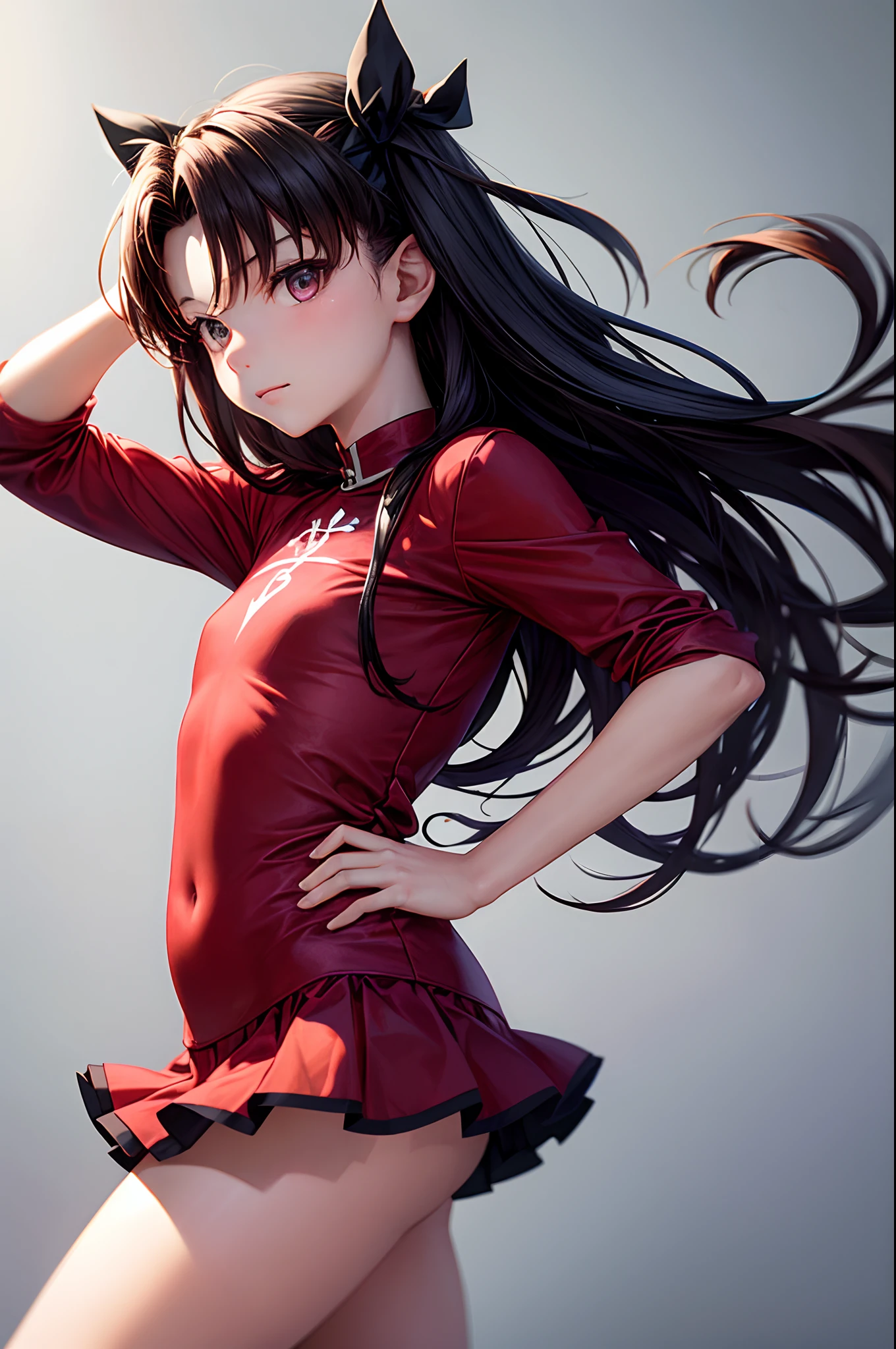 Tohsaka rin, model pose, potrait, half body shot, photography, best lighting, flat background, studio