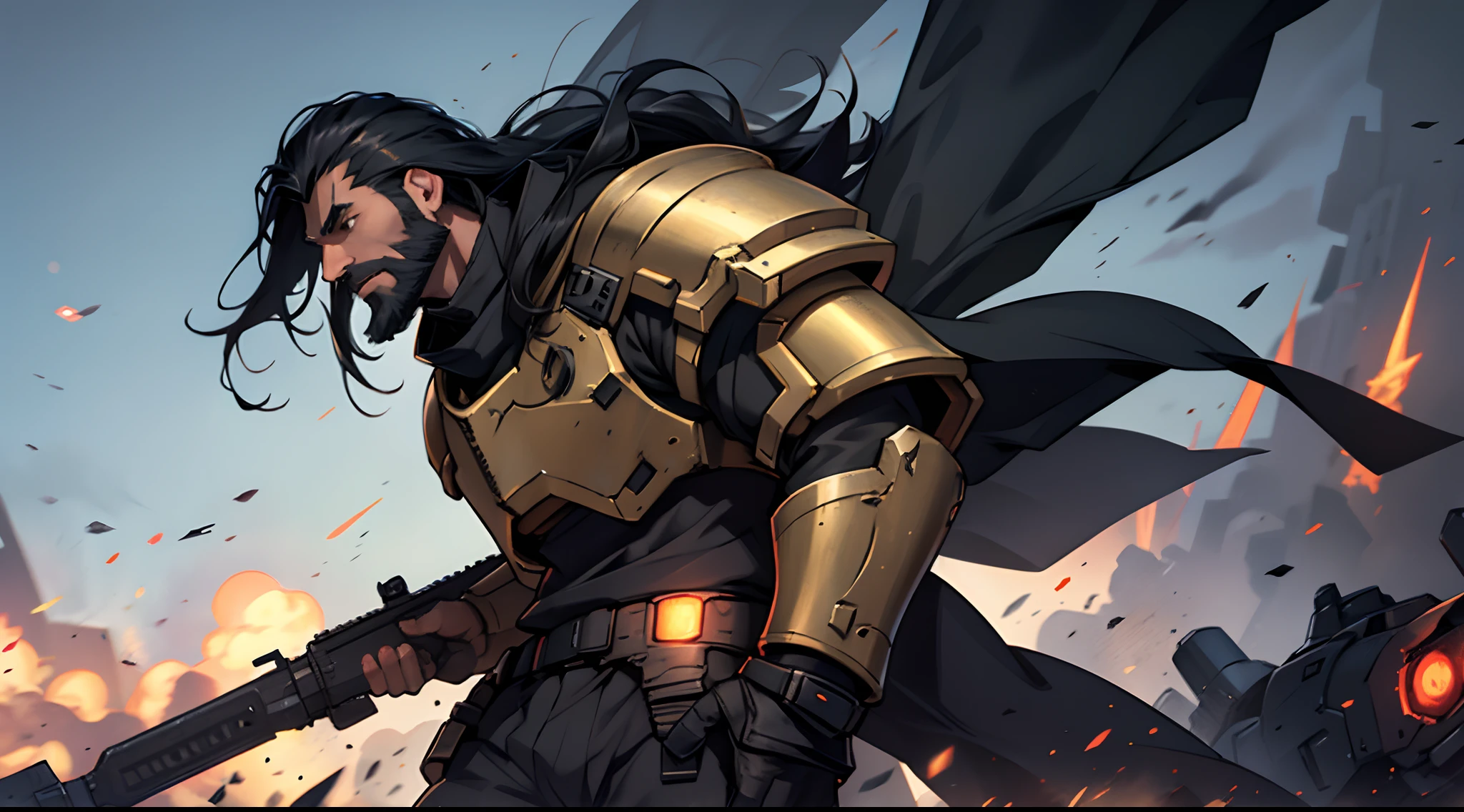1 Man solo, he has a short black beard and he has long black flowing hair. he is Wearing futuristic armor with a cape. (Helldivers)
