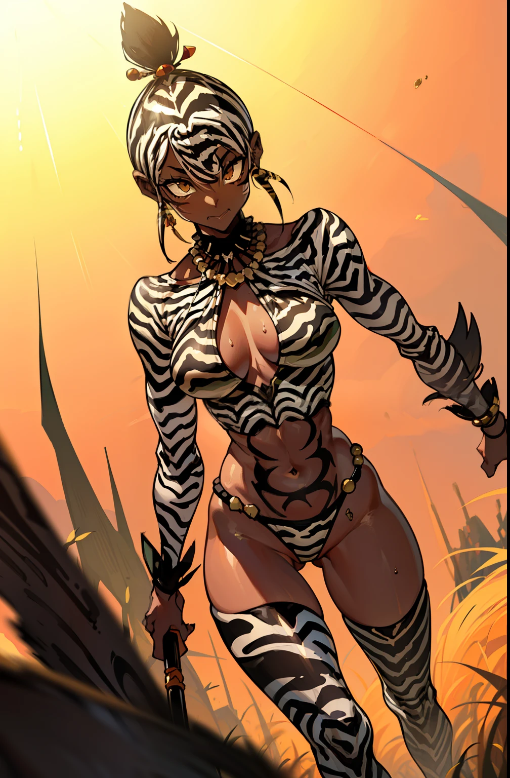 (((by Simon Bisley))), (((Frank Frazetta))), ((((absurdists))), (((Best Quality))), (((masutepiece))), ((((Clothes made of zebra camouflage))), muscular 35-year-old African woman, Zulu warrior, Body War Painting, perfect and proportional body, Black-skinned savannah warrior wearing very few clothes and many necklaces and body ornaments, shaved hair, tiny bikini made of African beads, holding a spear and walking through the savannah, dry vegetation, very hot, She sweats、Black skin glows under the scorching African sun