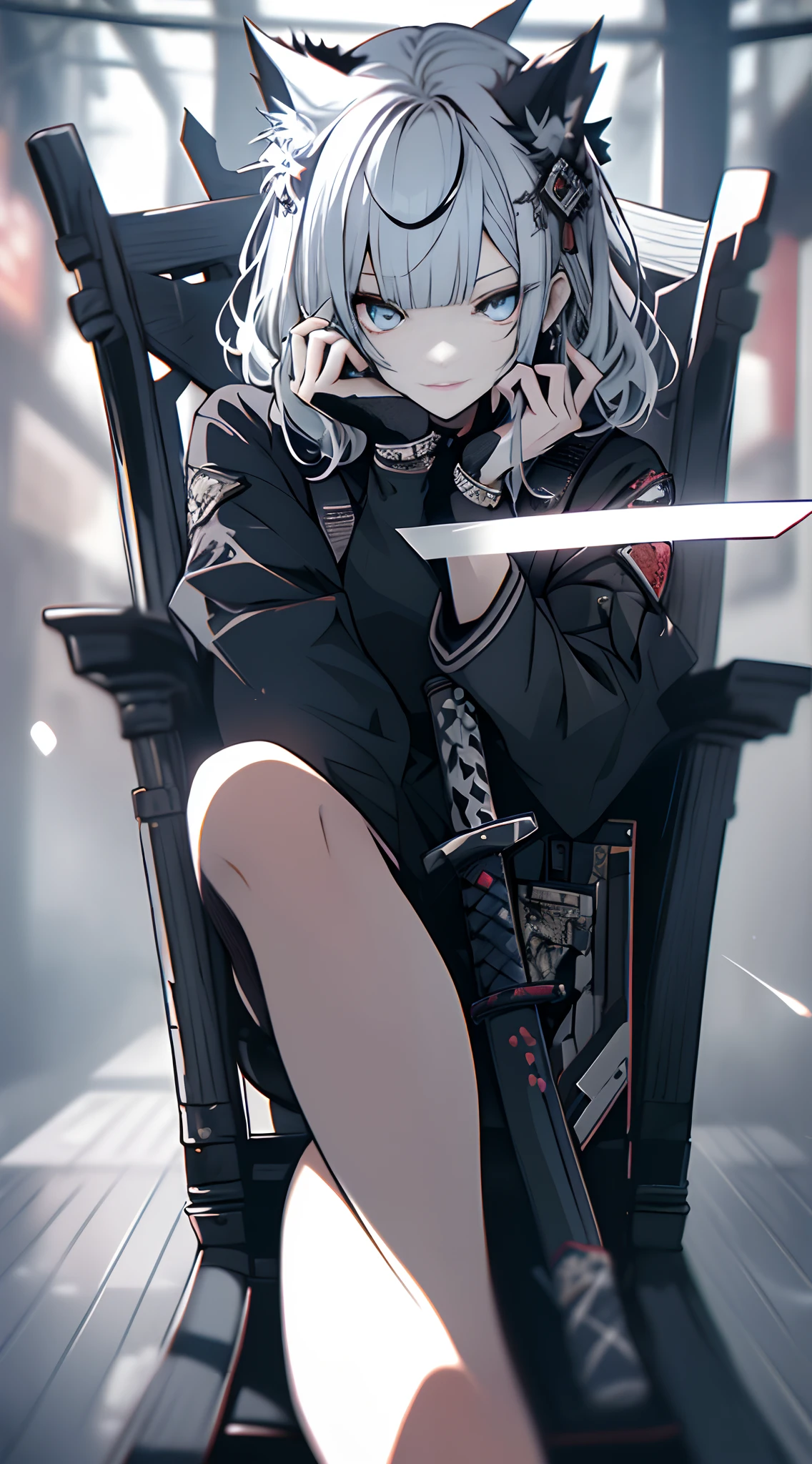 Japanese Katana Sword、Samurai sword、Full body、Sit on a chair, cross one's legs、White one-piece military uniform、View other people、Blunt bangs、 over-kneehighs,Blunt bangs, Jet black head of hair,(masutepiece:1.2, Best Quality), (finely detailed beautiful eye: 1.2), (Detailed background,Dark Fantasy), (beautifull detailed face), High contrast, (Best Illumination, extremely delicate and beautiful), ((Cinematic Light)), Colorful, Hyper Detail, Dramatic light, Intricate details,Very blue eyes, Shining eyes, long hair flowing with the wind