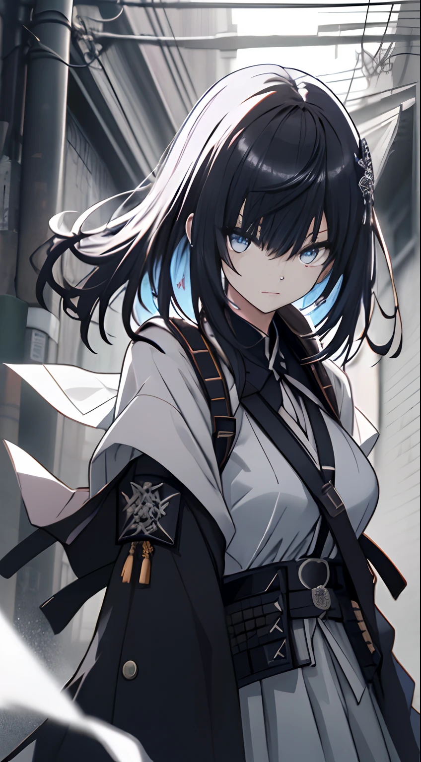 Japanese Katana Sword、Samurai sword、Full body、White one-piece military uniform、 Jet black head of hair,(masutepiece:1.2, Best Quality), (finely detailed beautiful eye: 1.2), (Detailed background,Dark Fantasy), (beautifull detailed face), High contrast, (Best Illumination, extremely delicate and beautiful), ((Cinematic Light)), Colorful, Hyper Detail, Dramatic light, Intricate details,Very blue eyes, Shining eyes, long hair flowing with the wind、large full breasts、Belt under the chest、White military uniform, White skirt, large full breasts, Long hair fluttering in the wind, jet-black hair, Her eyes are bright blue, Black tie, Belt under the chest, gotik、