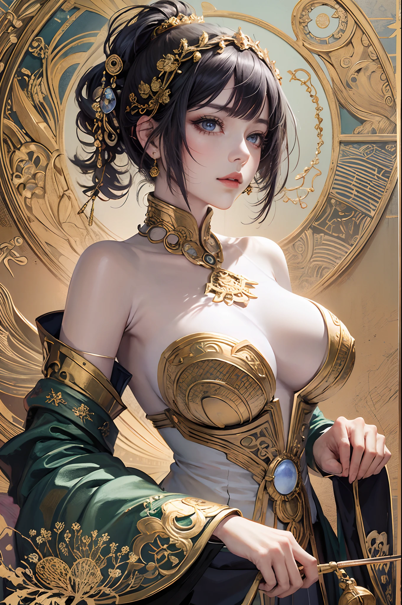 (tmasterpiece,top Quority,best qualtiy,offcial art,Beautiful and aesthetic:1.2),(1girl huge large breasts),waist - up,Tang suit,Hanfu,cyber punk style,mechs,Extremely detailed,Colorful,highestdetailed,offcial art,统一 8k 壁纸,ultra-detailliert,Beautiful and aesthetic,beatifull,tmasterpiece,best qualtiy,(Zentangle,a Mandala,Tangles,Entangled),Sacred Radiance,gold foil,Gold leaf art,glitter drawing,PerfectNwsjMajic、a pixie cut