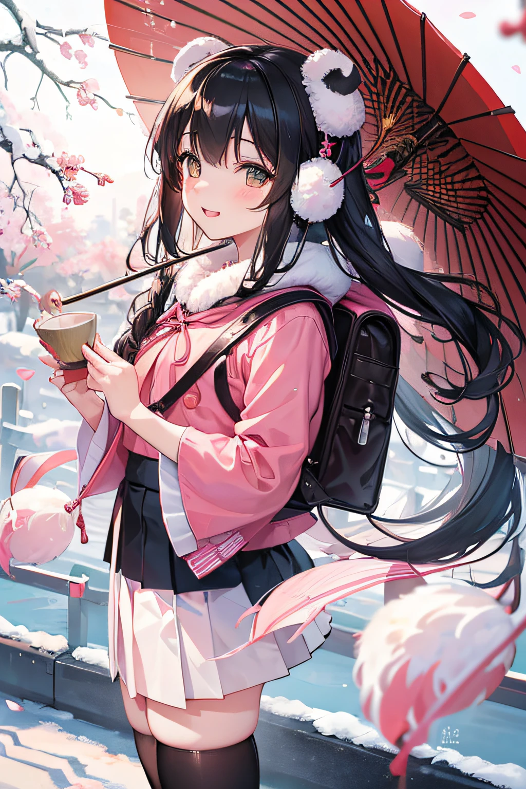 (best quality,4k,8k,highres,masterpiece:1.2),ultra-detailed,(realistic,photorealistic,photo-realistic:1.37),colorful,winter,Japanese art style,lively,cheerful,golden morning light,magical snowflakes,giggling and excited,giggling and excited,beautiful detailed eyes,beautiful detailed lips,long eyelashes,2hairpieces,tiny school backpack,furry earmuffs,traditional Japanese school uniform,pleated skirt,pink ribbon,white knee-high socks,black shoes,quiet snowy streets,small snow-covered houses,decorated with red lanterns and kanji characters,smiling adults waving farewell,warm steam rising from bowls of ramen noodles,scent of freshly brewed green tea,black umbrella dotted with delicate patterns,cherry blossom petals gently falling,cute plush panda hanging from the girl's bag