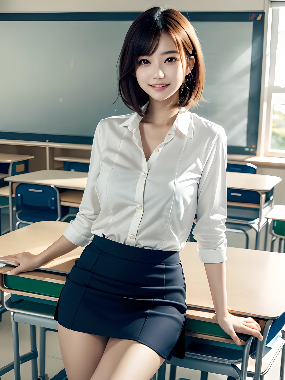 masutepiece, Best Quality, japanaese girl,1girl in, 8K, Raw photo, top-notch quality, masutepiece, nffsw:1.2, exceptionally detailed RAW color photo, professional-grade photograph, (Realistic, Photorealistic:1.37), (highly detailedskin:1.2), Ultra-high resolution, (lenz 50mm), Exquisitely Detailed Eyes,Staring at the viewer,
break
With 1 girl (There are many elderly people:1.4), Beautiful face, kawaii,(Smile:1.05),(20yr old, wide-hips,Straight hair, (Short hair), Black eyes, white fine skin,small mouth, high cheekbones (Definition),Suits、Korean Idol、Nogizaka Idol、hposing Gravure Idol、Adults、女優、(masutepiece, top-quality:1.3), (Ultra detailed 8K cg:1.2), (hyper realisitic:1.35), (Photorealistic:1.45), (Realistic:1.4), Cowboy Shot,
1 beautiful Japanese girl, 22 years old, super model, Japanese Idol, Suits、Large breasts, (sitting on the desk:1.1), (Female Teacher Figure:1.4), 
(School classroom background:1.1),