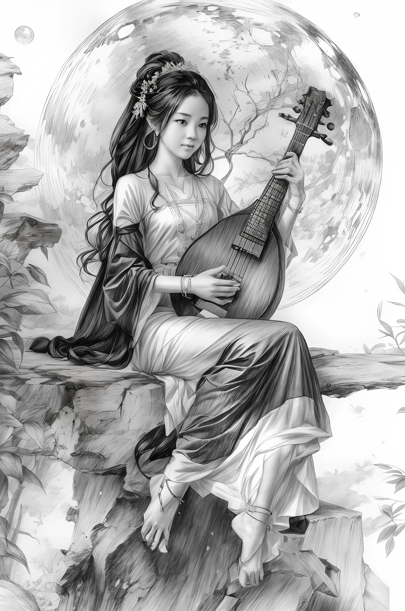 A woman in a white dress sits on a rock，Take the mandolin, for example, Goddess of the moon, lunar goddess, White Hanfu, lunar goddess, Beautiful teenage girl, Chinese style, a stunning young ethereal figure, inspired by Tang Yin, Ethereal beauty, Sketch art style, Grékali, monochrome, ((Solo)), ((Redraw the picture with a pencil sketch，Flat black and white sketch)), pencil drawing