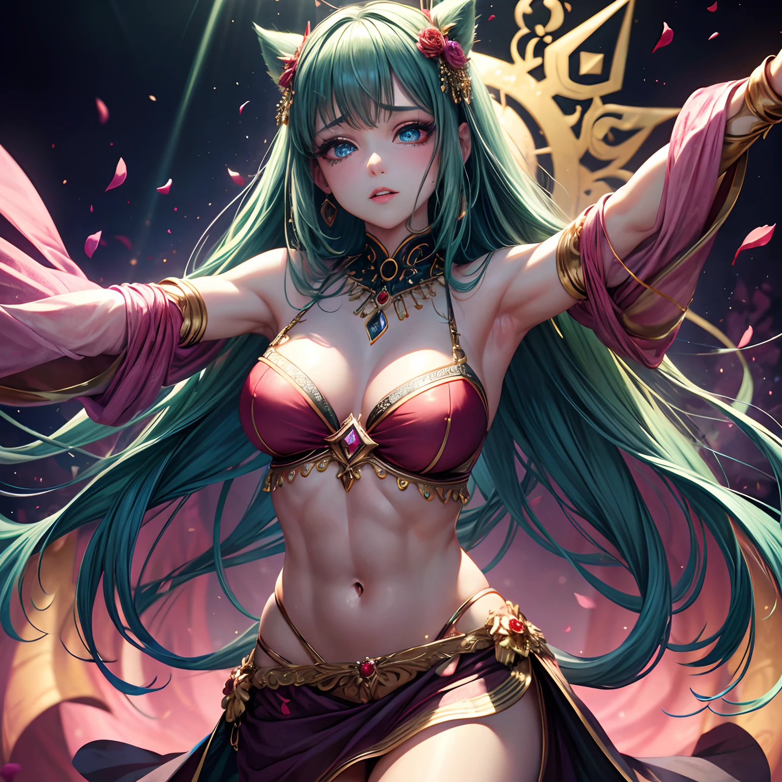 finest image, (8k, RAW photo, realistic), amorous expression, lewd expression, pink eyeshadow, cute girl, blue shining big eyes, heavy makeup, dark green hime cut, flat chest, abs, slender, red big thick lips, belly-dance costume, blurry background black, falling red petals, iridescent golden particles