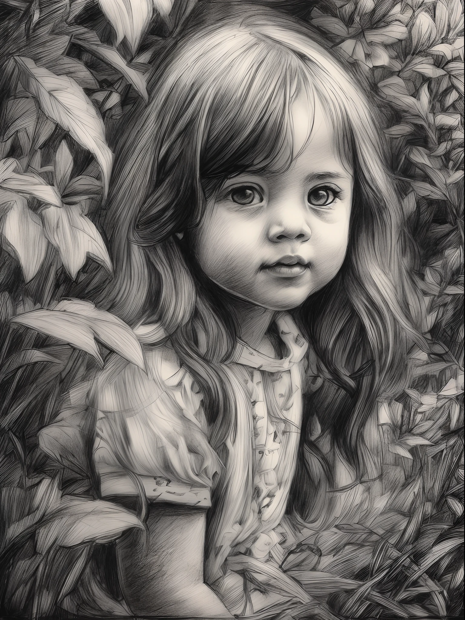 ((Little girl playing in the garden, Draw a picture with a pencil sketch，Flat black and white sketch，Realistic sketches))，(Best quality, tmasterpiece:1,1), Best improvisation, Sensitivity, Detailed illustration, Grotesque, Complicated details, Chilling, (Aesthetics), Hyper-realistic, insanely details,