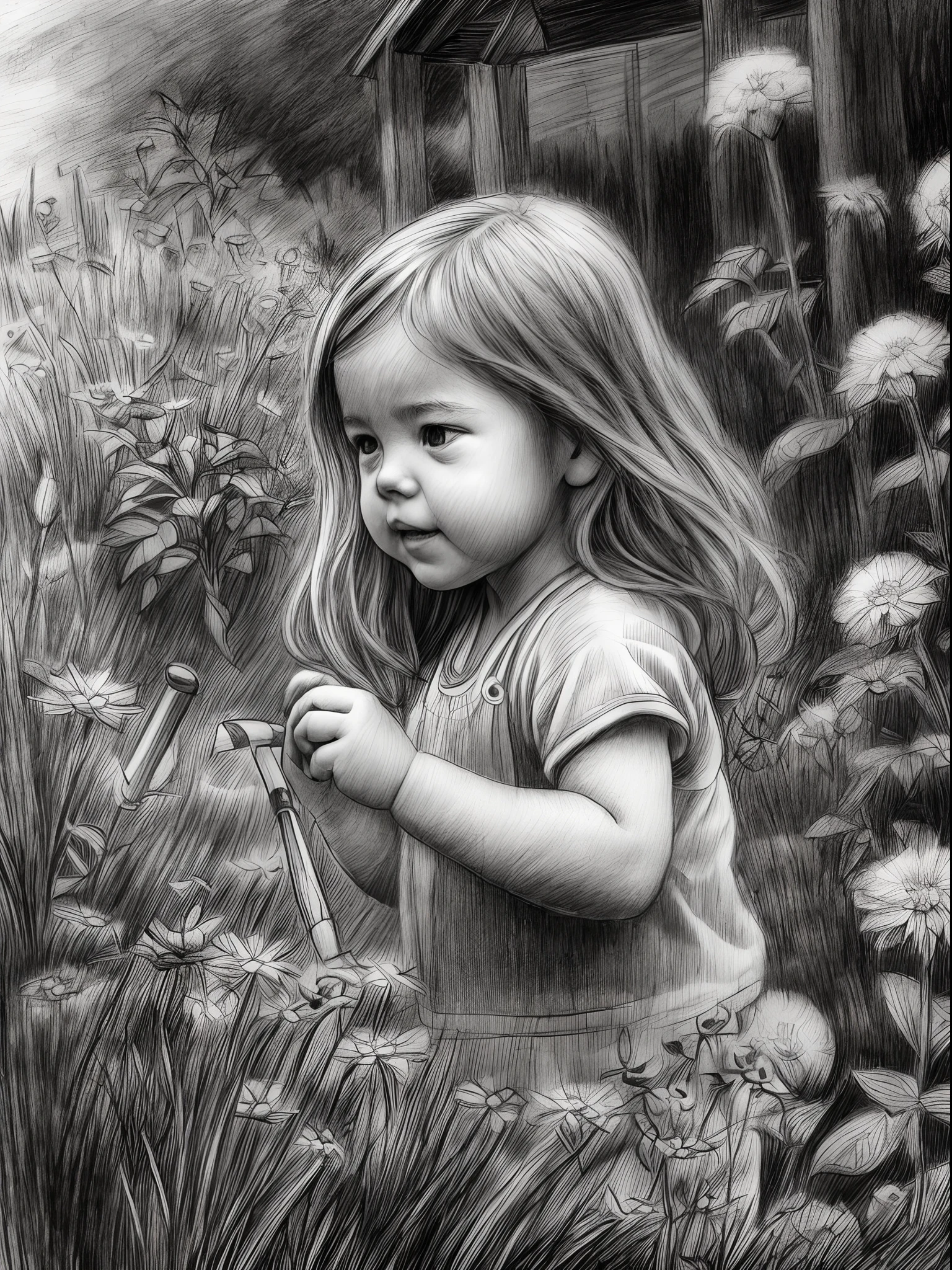 ((*********** playing in the garden, Draw a picture with a pencil sketch，Flat black and white sketch，Realistic sketches))，(Best quality, tmasterpiece:1,1), Best improvisation, Sensitivity, Detailed illustration, Grotesque, Complicated details, Chilling, (Aesthetics), Hyper-realistic, insanely details,