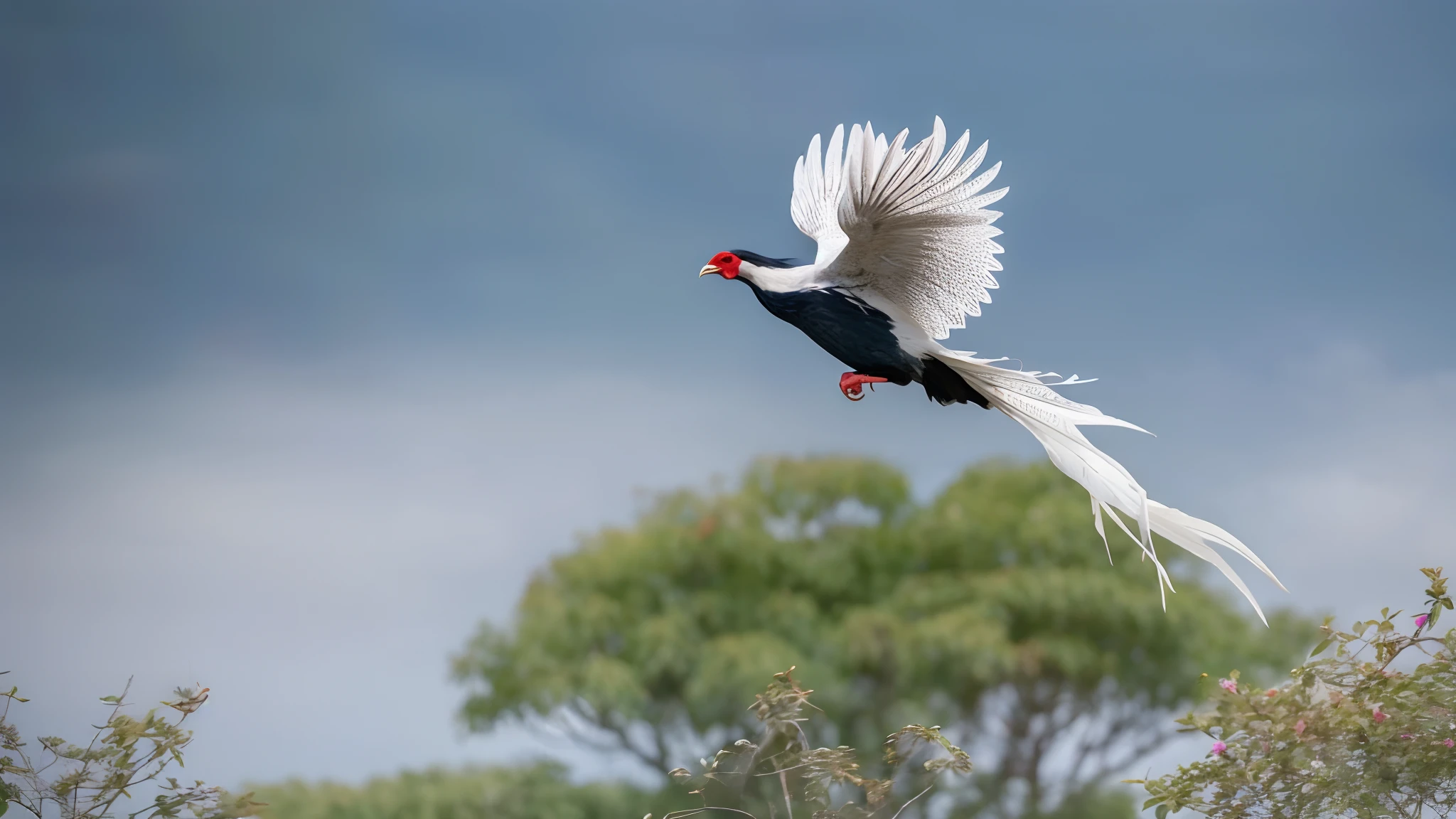 There is a male white bird that spreads its wings and flies through the air over the woods, beautiful and graceful, Incredibly beautiful, rare bird in the jungle, Male white pheasant，Male white pheasant, Fly sideways over the woods, Amazing view，White Pheasant in flight, very beautiful and elegant，RAW,UHD，HDR,insanely details，Detailed details，Realistic photography，An award-winning masterpiece of international photography，The work of an international master of photography，tack sharp focus，High resolution photography，Perfect for photography，Ultimate detail，Taken with a Hasselblad camera