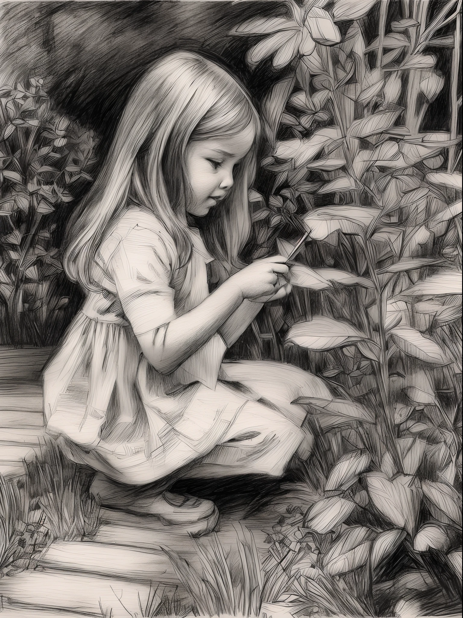 ((*********** playing in the garden, Draw a picture with a pencil sketch，Flat black and white sketch，Realistic sketches))，(Best quality, tmasterpiece:1,1), Best improvisation, Sensitivity, Detailed illustration, Grotesque, Complicated details, Chilling, (Aesthetics), Hyper-realistic, insanely details,