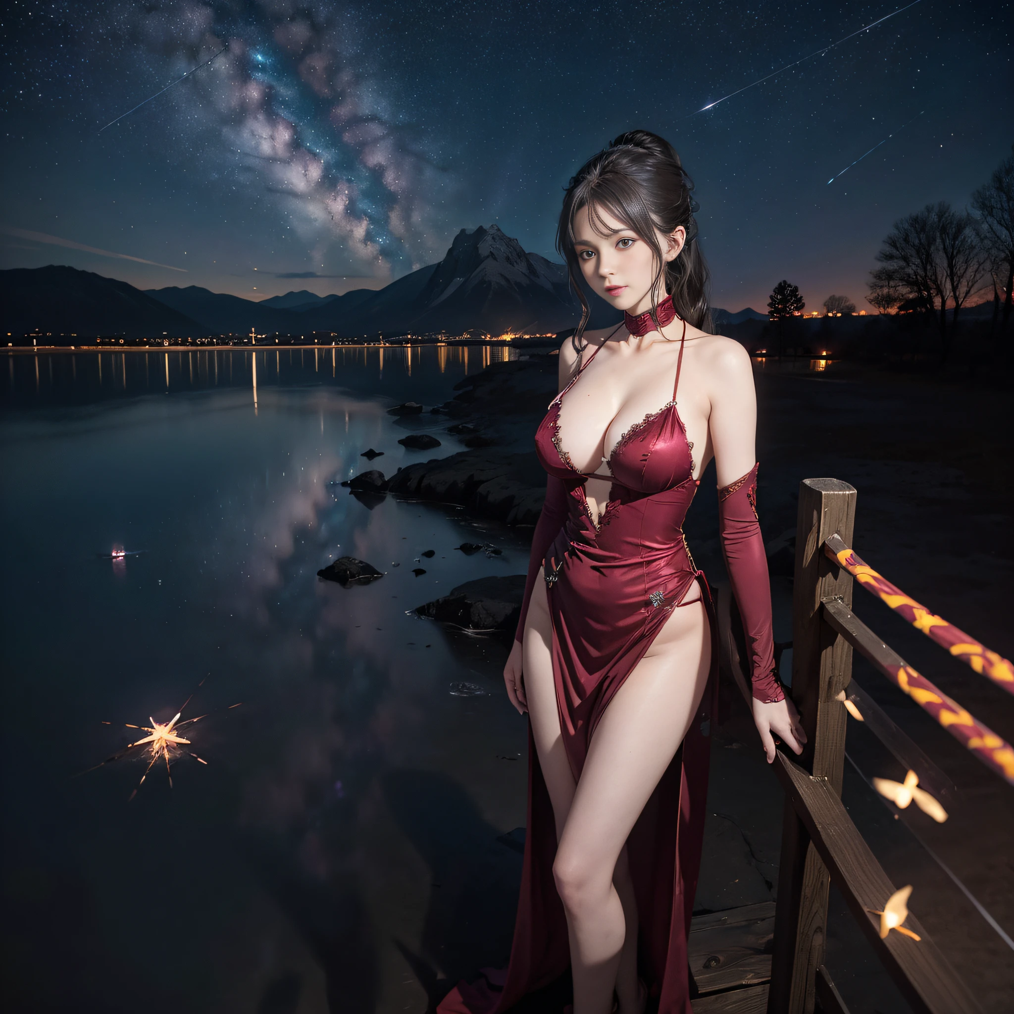 shalltear bloodfallen, Shalltear Costume, Ponytail, Outdoors, (Night, Starry sky:1.2), masuter piece, arms behind back, Best Quality, 1girl in, 22year old, F cup udder, Full body, Closed mouth, lake, reflection, Outdoors, official wallpaper