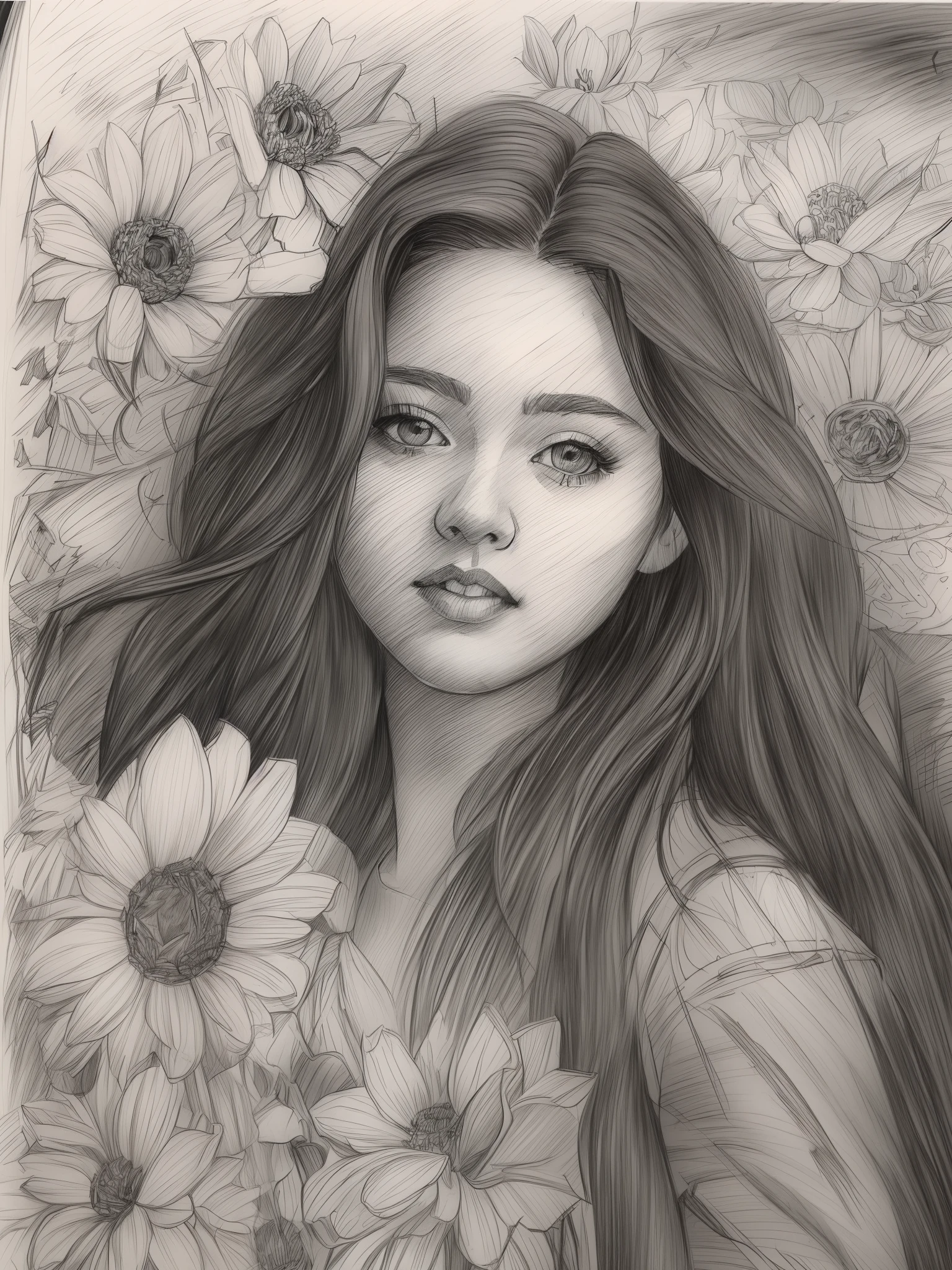 1girl, ((Solo))，In a sea of flowers，Full moon background，realistic sketch, hyperrealistic sketch, detailed pencil sketch, Pencil sketch, realistic digital drawing, detailed sketch drawing, highly detailed portrait, detailed 4 k drawing, pencil drawing, highly detailed sketch, Realistic drawing, extremely detailed portrait, detailed but rough, pencil drawing illustration, realism drawing, detailed sketch, sketch art,((High quality, Masterpiece:1.4)), Portrait sketch, Messy drawings, Messy charcoal spots, Unfinished sketch, Painting in charcoal style, Sketchbook drawing, sketchbook, Beautiful hair，Black eyes，prette，Realistic charcoal line, Imperfect drawing, Charcoal shavings, Charcoal production line, imperfections, Doctor's robe in white dress, , Realistic