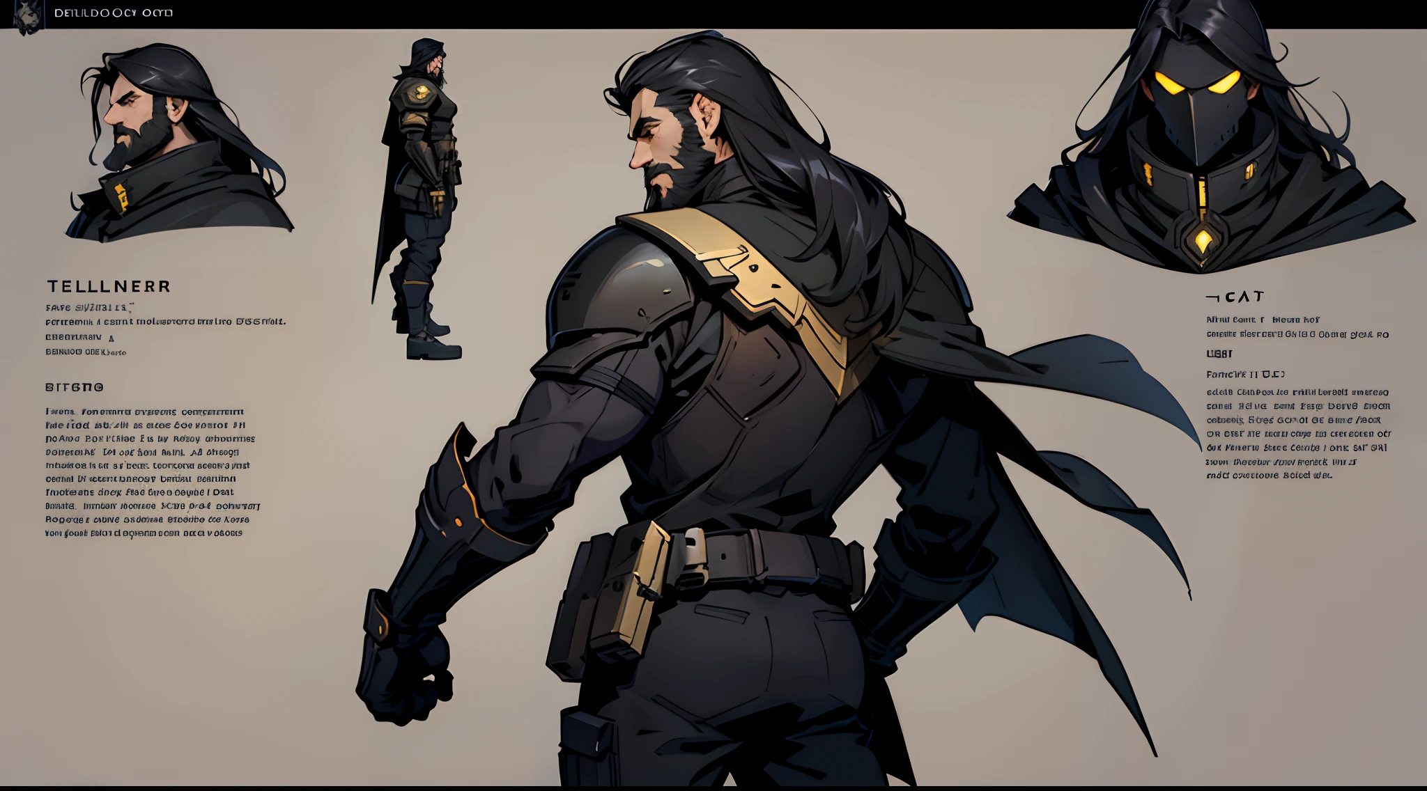 1 Man solo, he has a short black beard and he has long black flowing hair. he is Wearing futuristic armor with a cape. (Helldivers) Dark background. character sheet. front, side, back view.