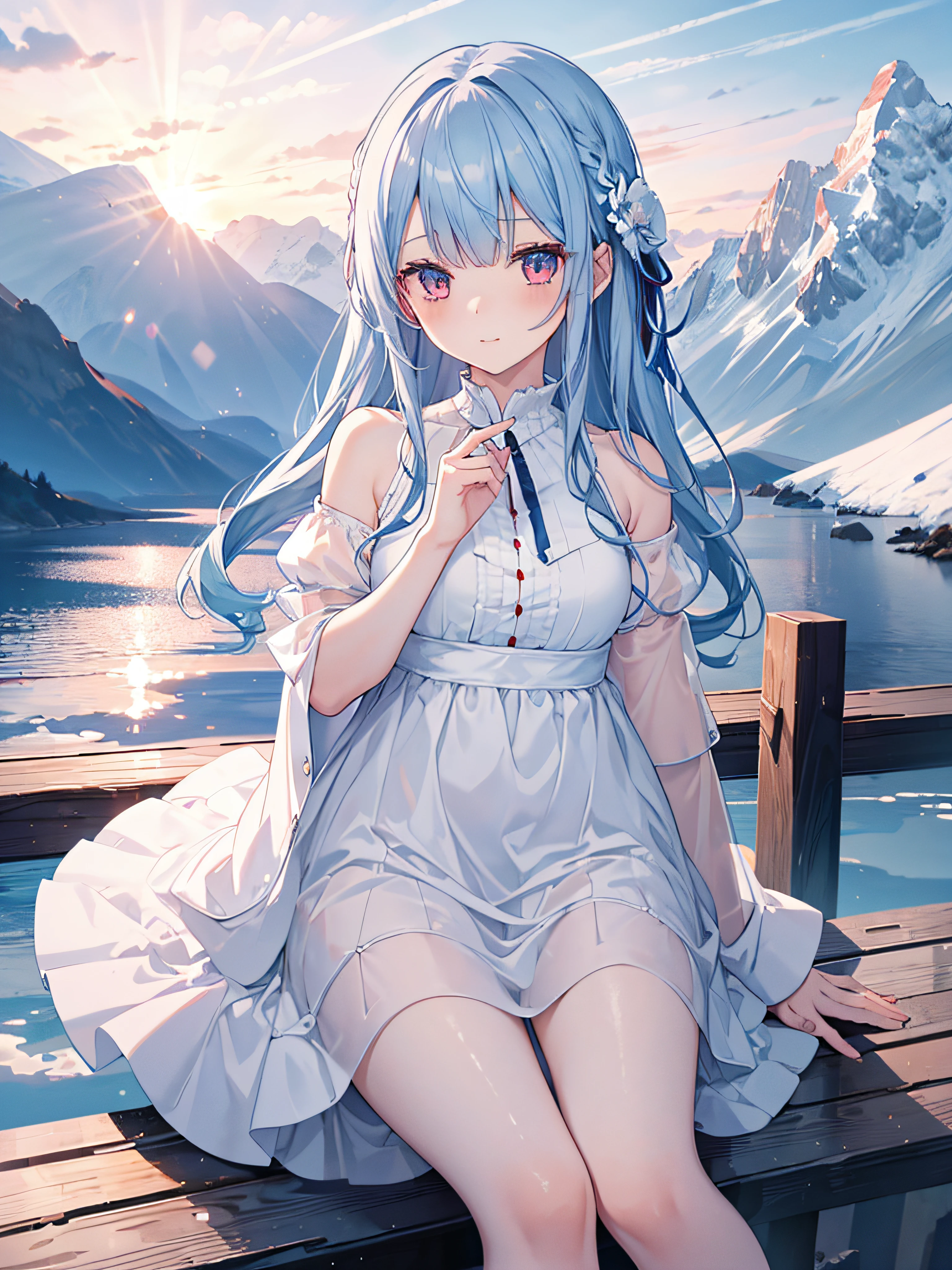 1girl, long blue hair, blue and red eyes, wearing white dress, mountain, sunset, absurdres, high res, ultrasharp, 8K, masterpiece, looking at viewer