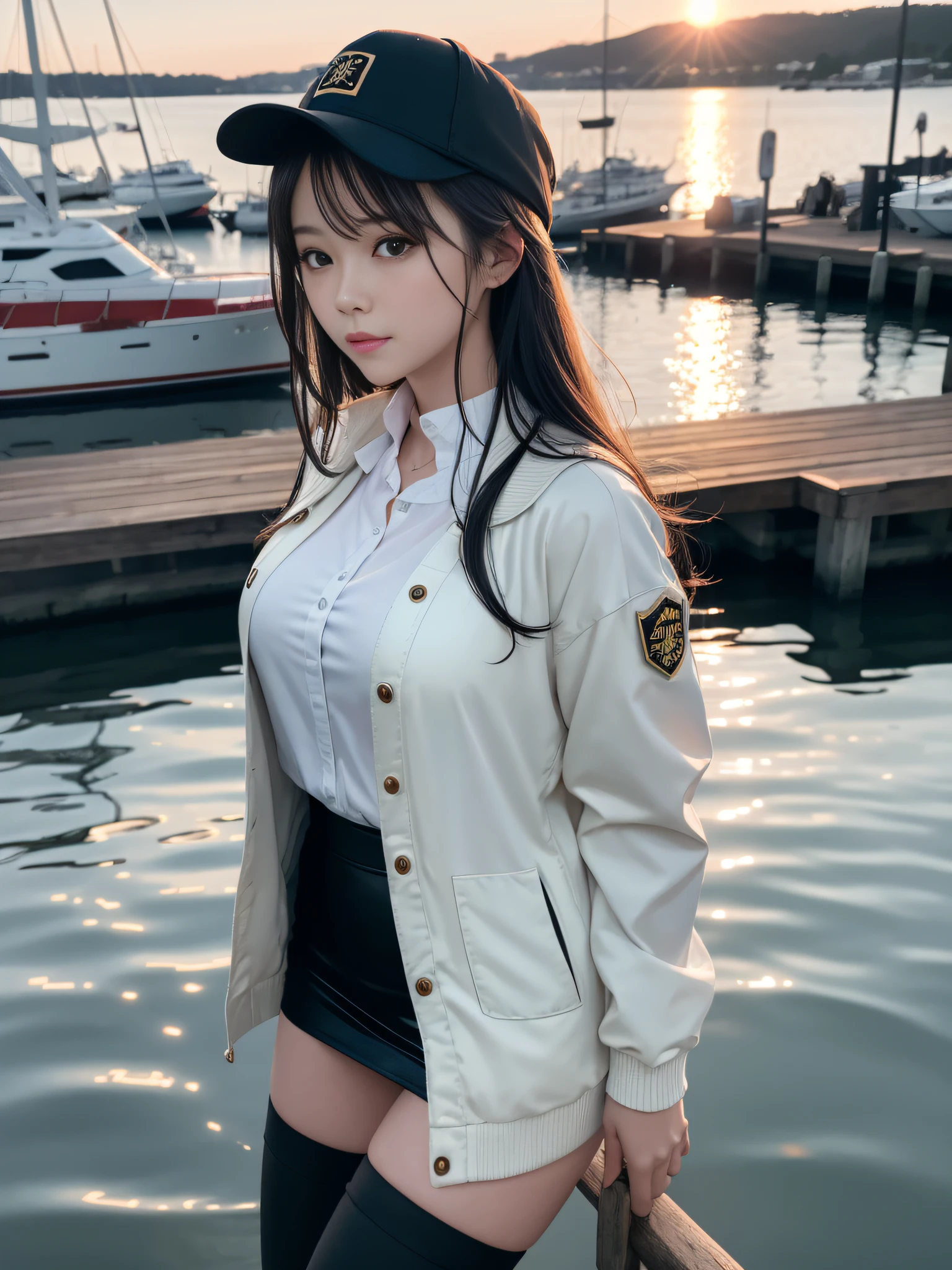 medium shot, medium shot, depth of fields, Bust, Upper body, Cinematic Angle, masutepiece, Best Quality, super detailed, nffsw, 8K Wallpaper, Pretty Face, Delicate eyes, maidennurse, Solo, White long hair, Yellow eyes, Hairpin, White shirt, Black hooded jacket, Black Baseball Cap, Black stockings, black over-the-knee boots, Sunset, Medieval harbor, harbour, Detailed water surface, Reflection of the Sun