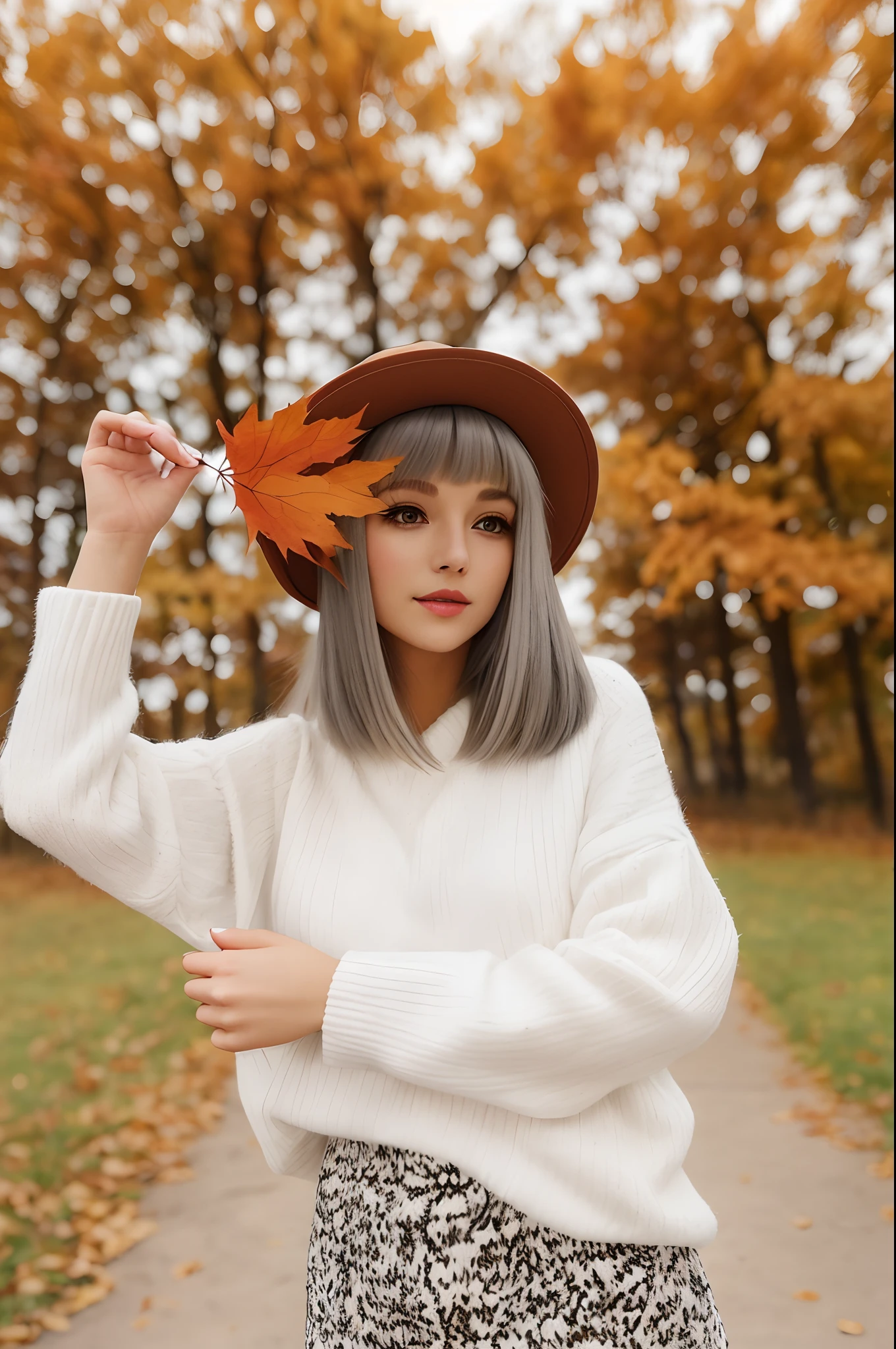 Woman in hat and white sweater, Beautiful autumn spirit, autumnal empress, Hair is blonde and straight, 🍁 Cute, Blunt bangs fall on her forehead, Orange and brown leaves, 🍂 Cute, girl with short white hair, in the autumn, perfect white haired girl, white haired lady, Girl with gray hair, white sweater