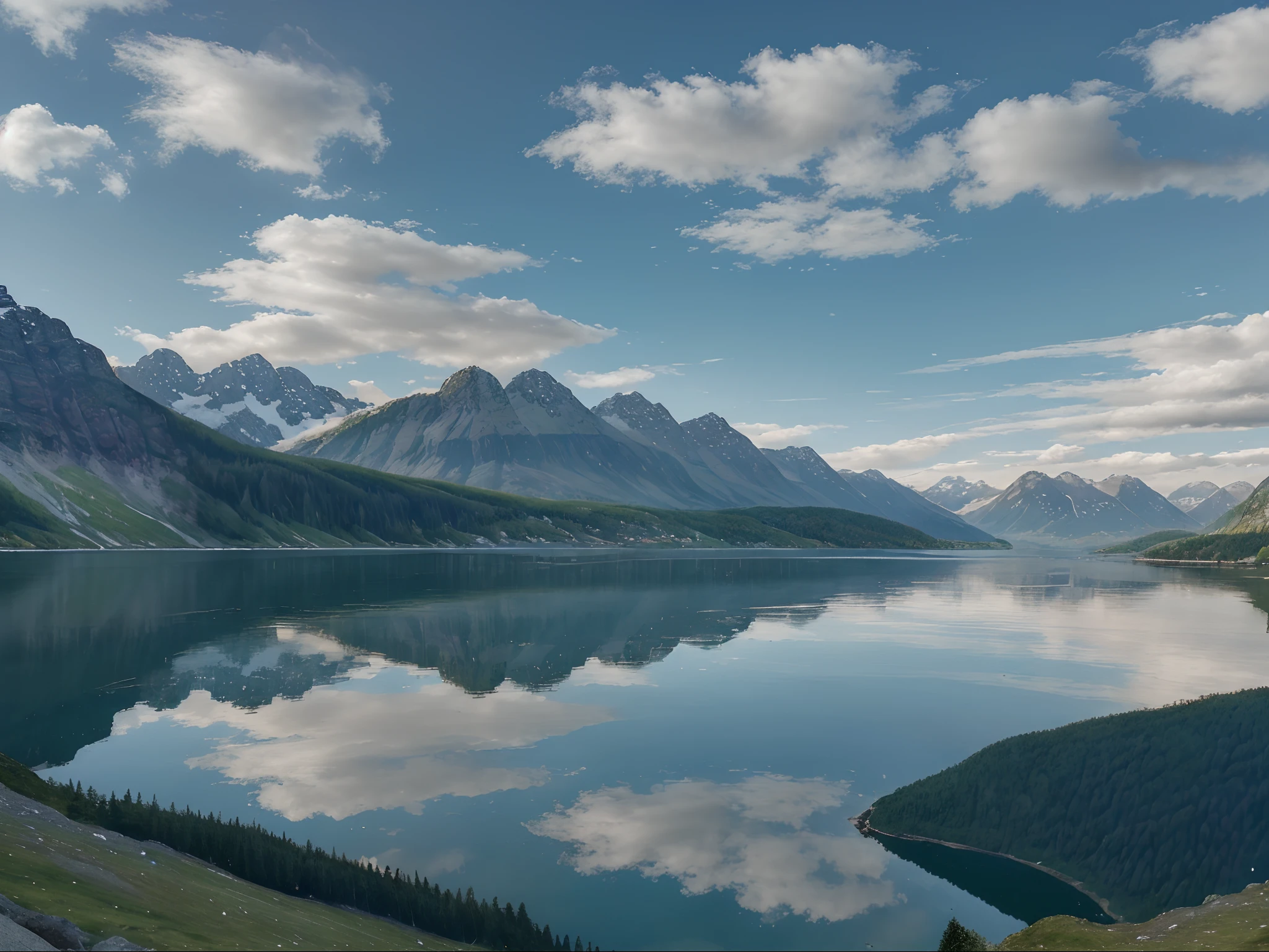 lake, mountain, landscape, nature, water, sky, mountains, reflection, clouds, summer, alps, forest, travel, scenery, view, panorama, norway, cloud, scenic, hill, valley, calm, river