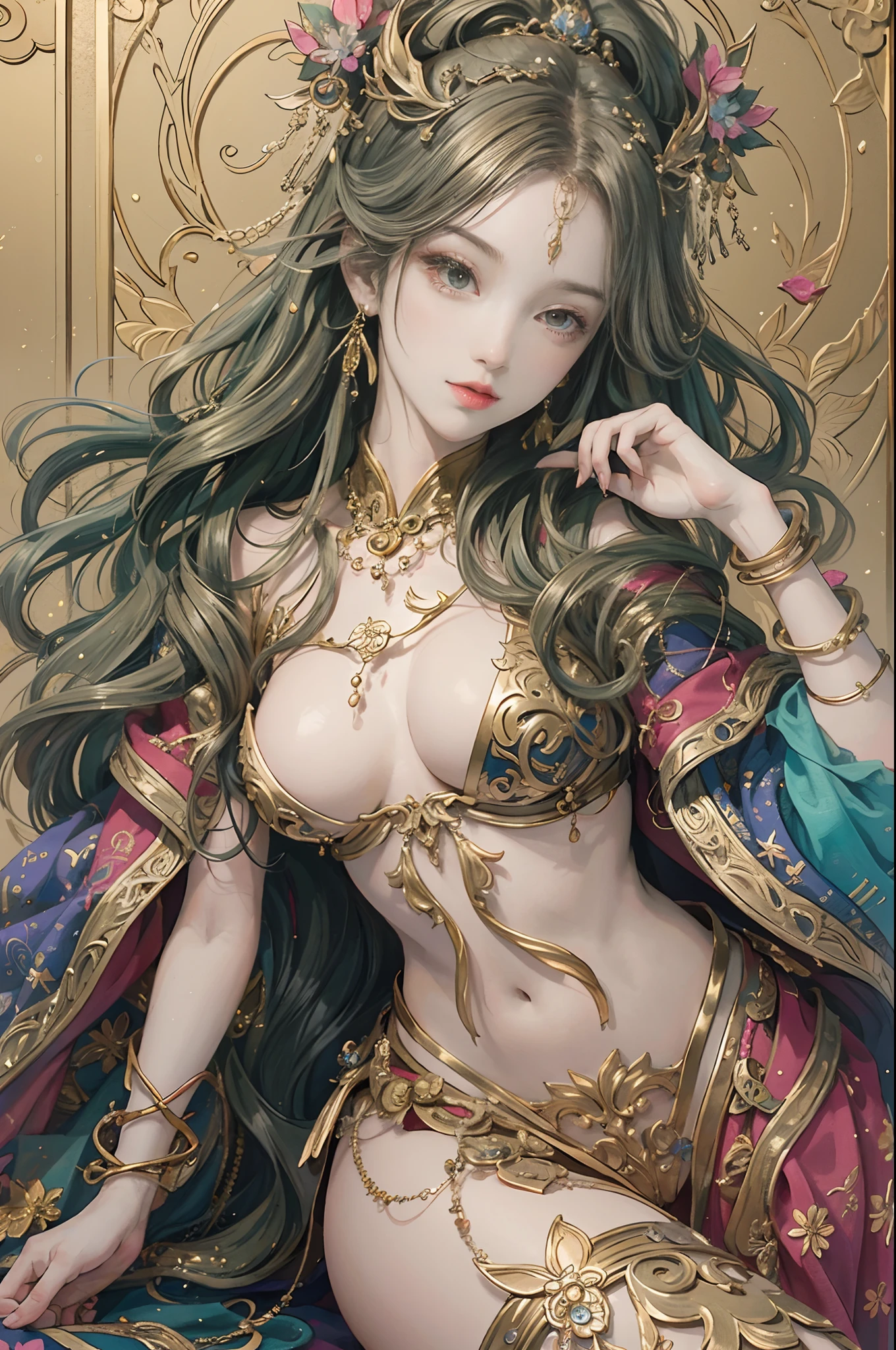 （tmasterpiece，top Quority，best qualtiy，offcial art，Beautiful and aesthetic：1.2），（1girl in），Extremely detailed，Colorful，highestdetailed，offcial art，统一 8k 壁纸，ultra - detailed，Beautiful and aesthetic， beautiful，tmasterpiece，best qualtiy，（Zentangle，datura，Tangles，Entangled），Sacred rays，gold foil，Gold leaf art，glitter drawing，PerfectNwsjMajic，Complete body，From knee to chest，fully body photo