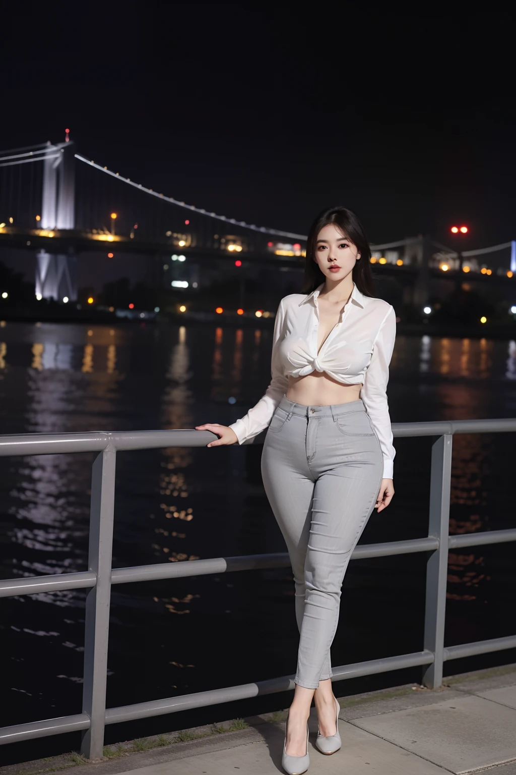 8K分辨率，Tall beautiful woman in light gray tight silk pants，The shirt，Small white shoes，Full boobs and fat buttocks，Long legs，The butt is wide and big，Plump body，Pear-shaped body，Fat ，Frontal photo，At night by the river